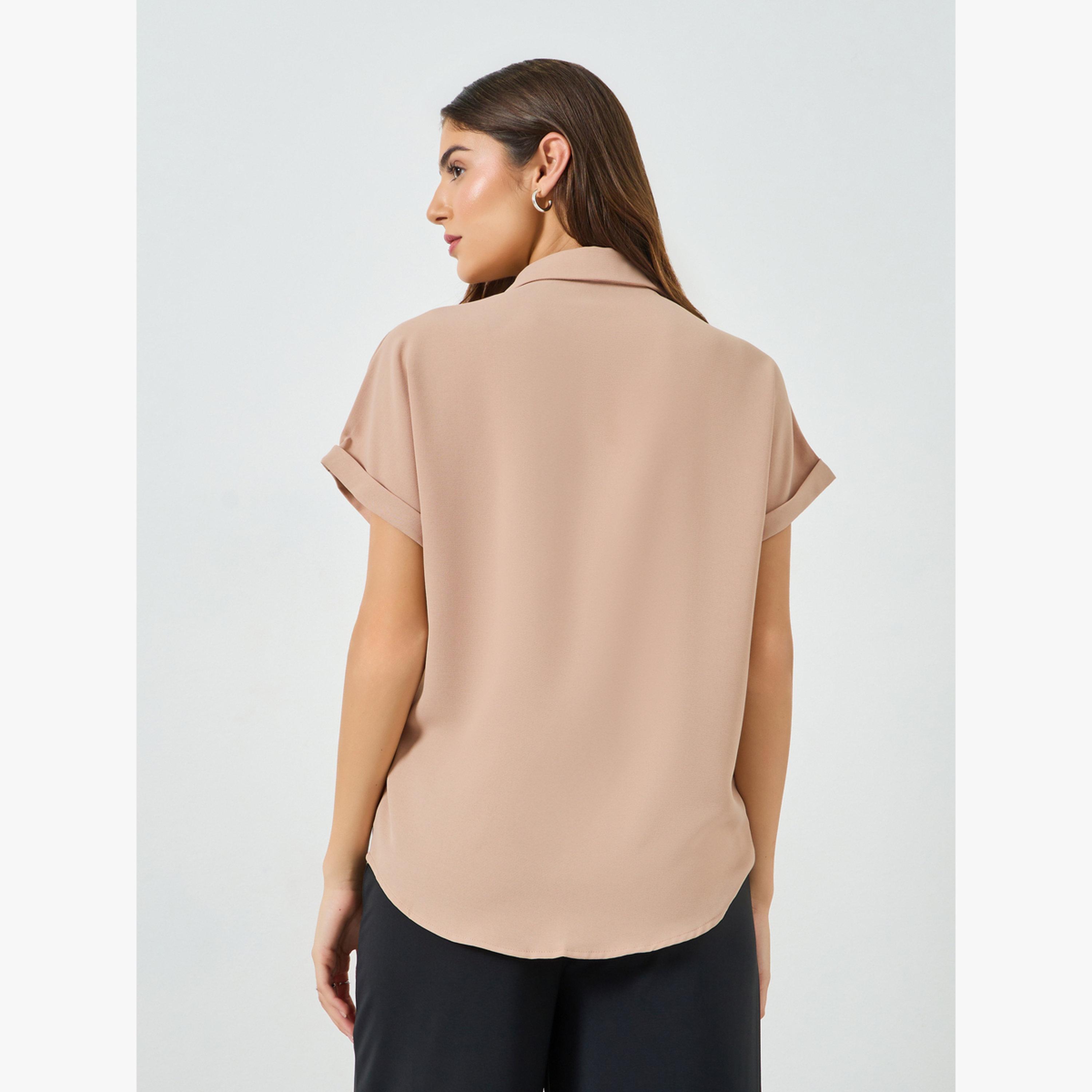 Take Two Beige Solid Short Extended Sleeves Shirt with Pocket-women-clothing-shirtsandblouses-shirts-image-4