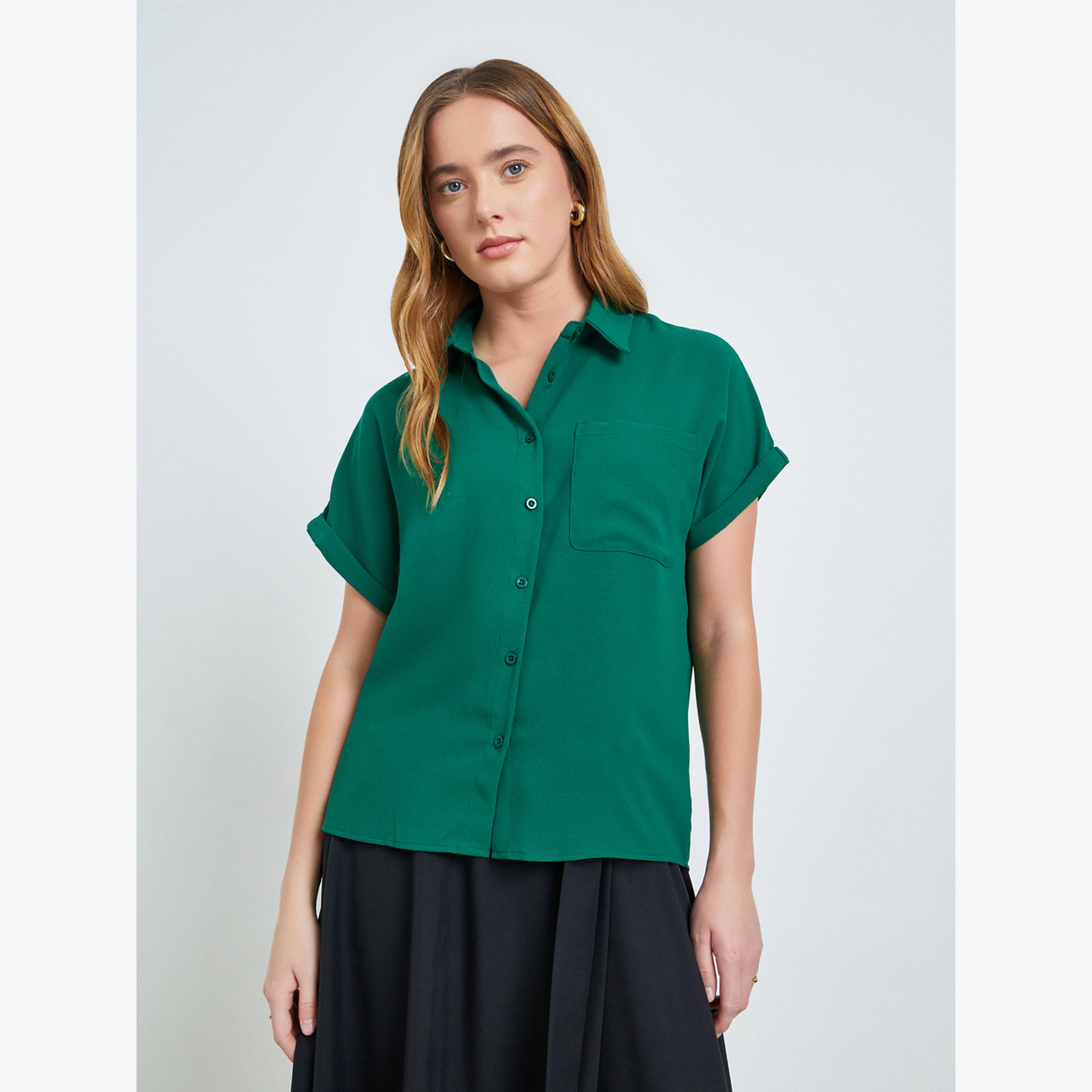 بلوزة سادة بأكمام ممتدة قصيرة وجيب-women-clothing-shirtsandblouses-shirts-image-1