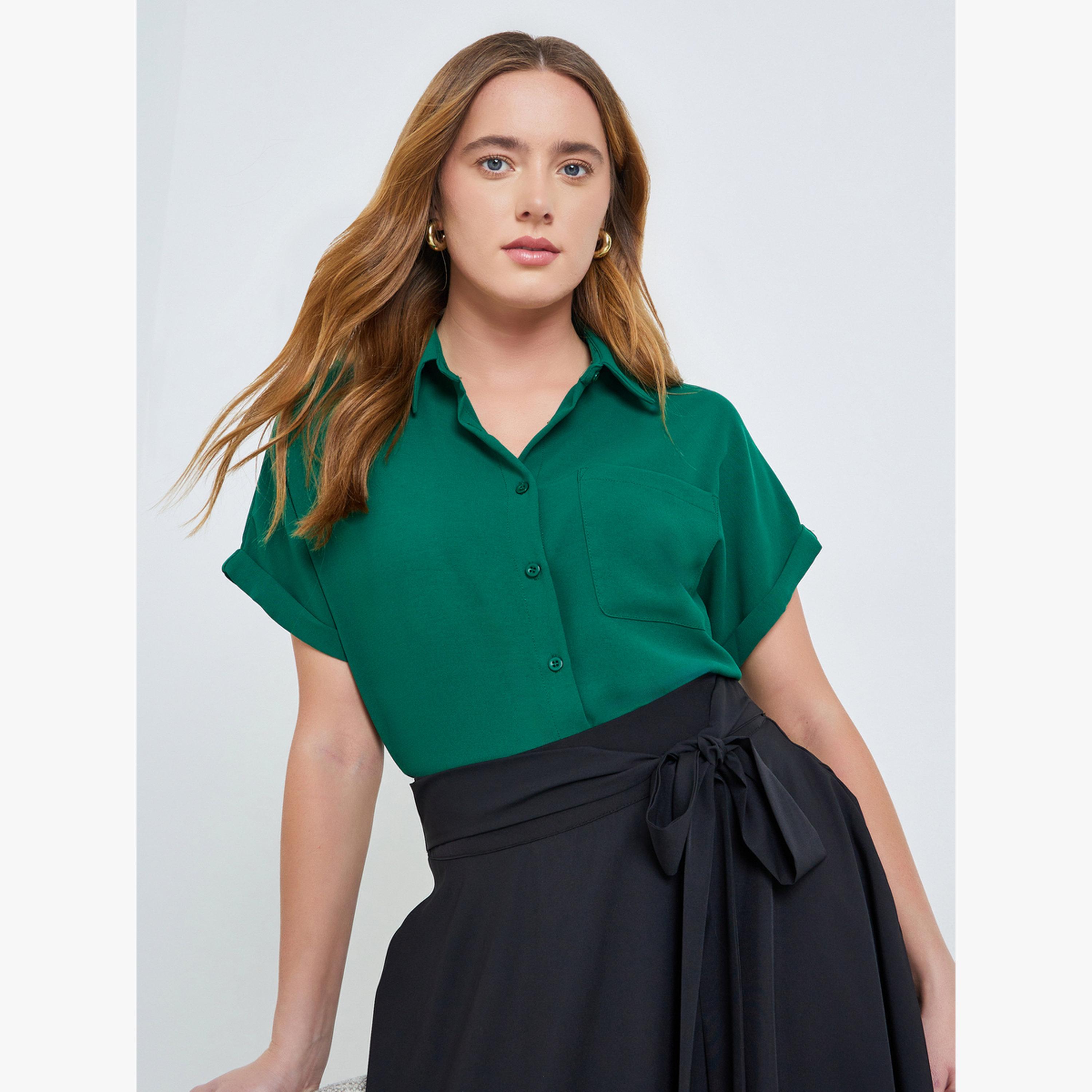 Take Two Green Solid Short Extended Sleeves Shirt with Pocket-women-clothing-shirtsandblouses-shirts-image-3