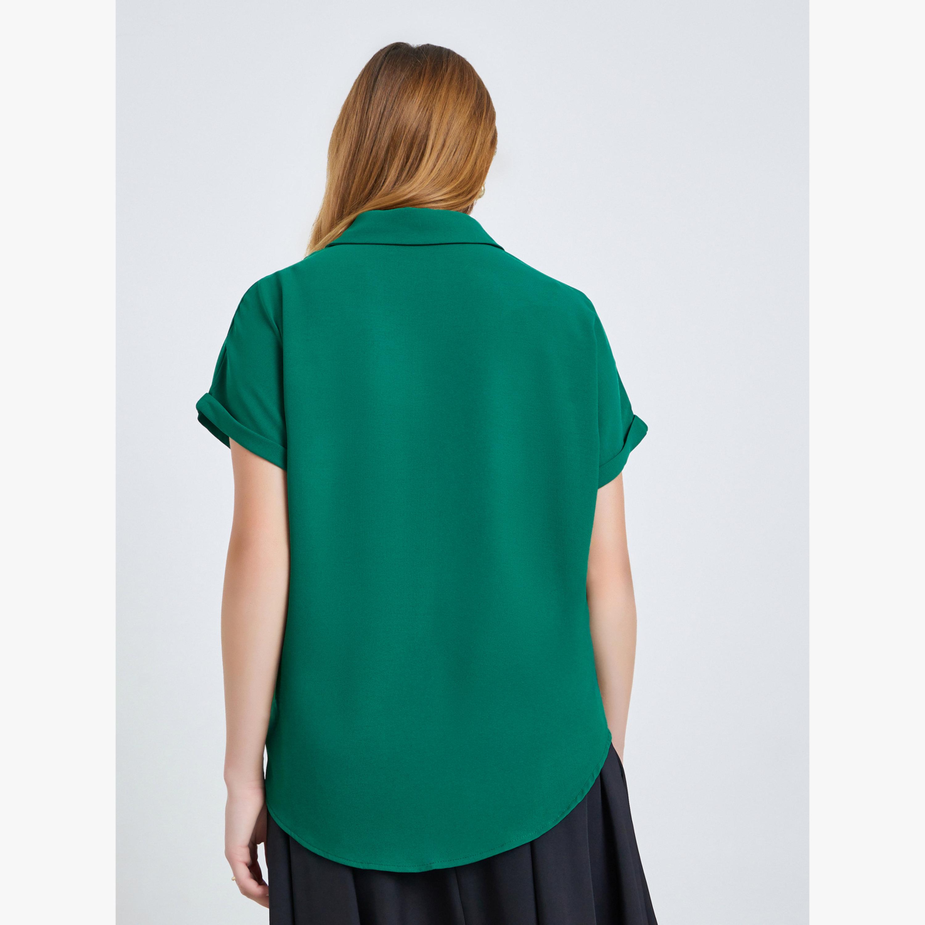 بلوزة سادة بأكمام ممتدة قصيرة وجيب-women-clothing-shirtsandblouses-shirts-image-4
