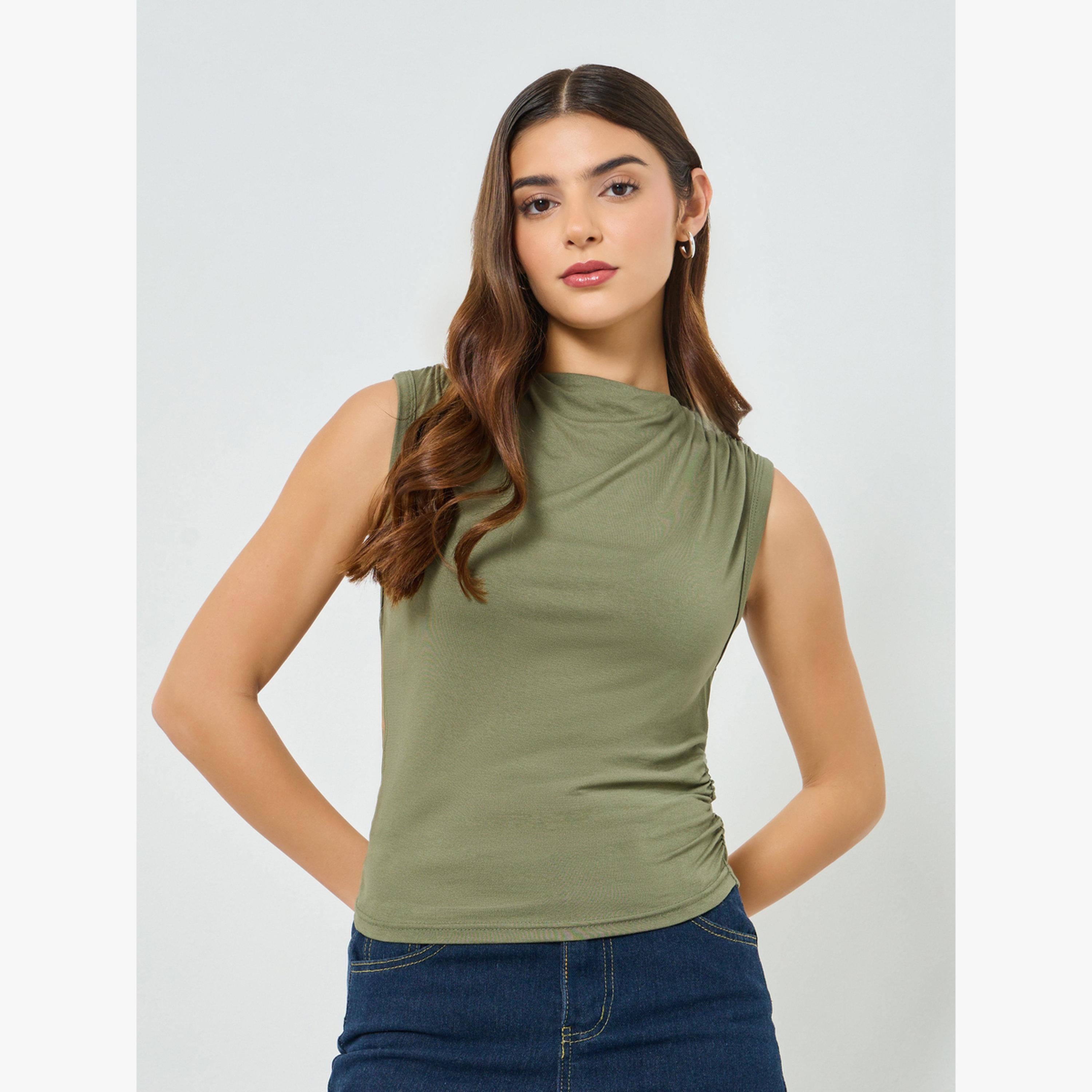 بلوزة بلا أكمام وياقة عالية وزمزمة جانبية-women-clothing-shirtsandblouses-blouses-image-3