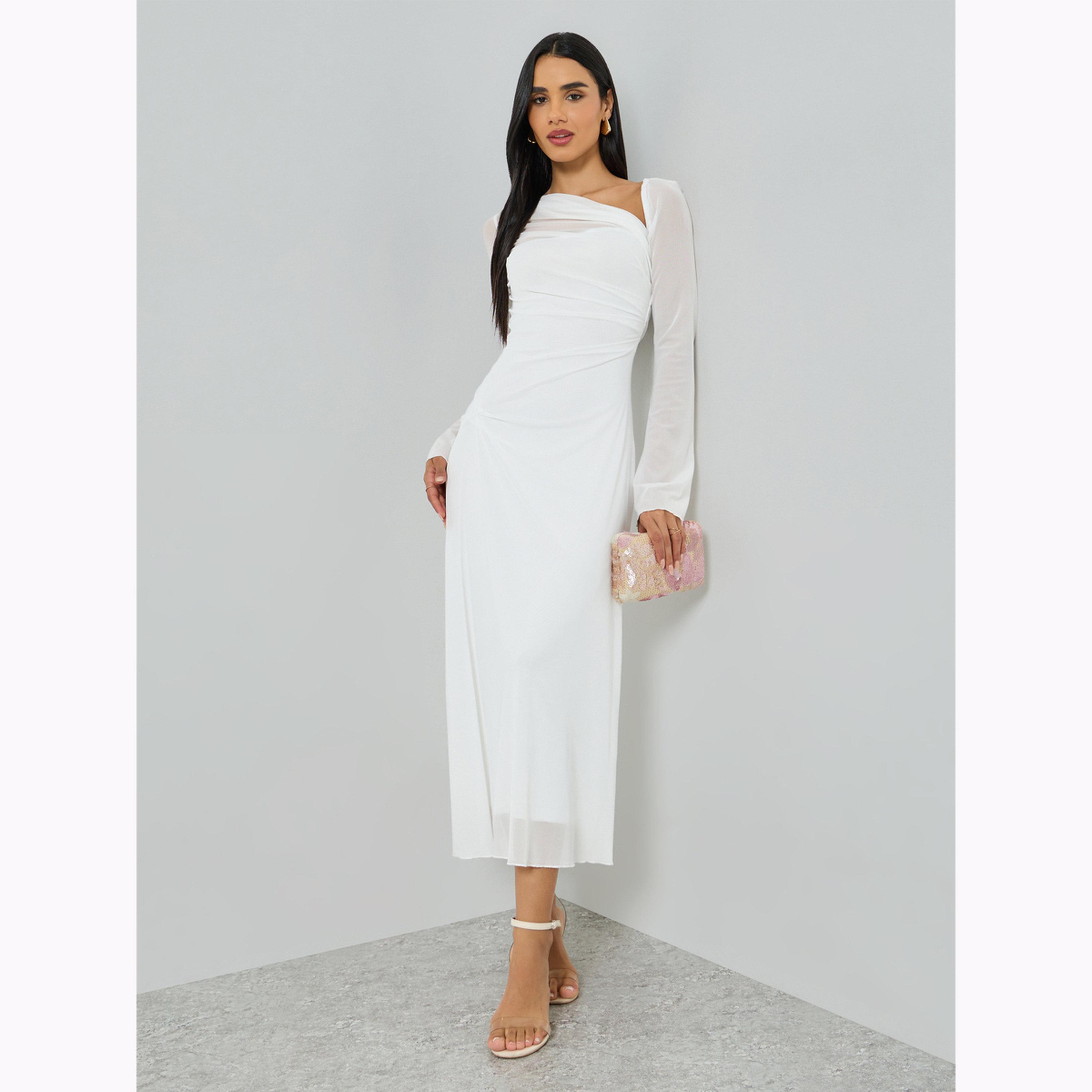 Take Two White Asymmetric Neck Long Sleeve Maxi Dress-women-clothing-dresses-image-1