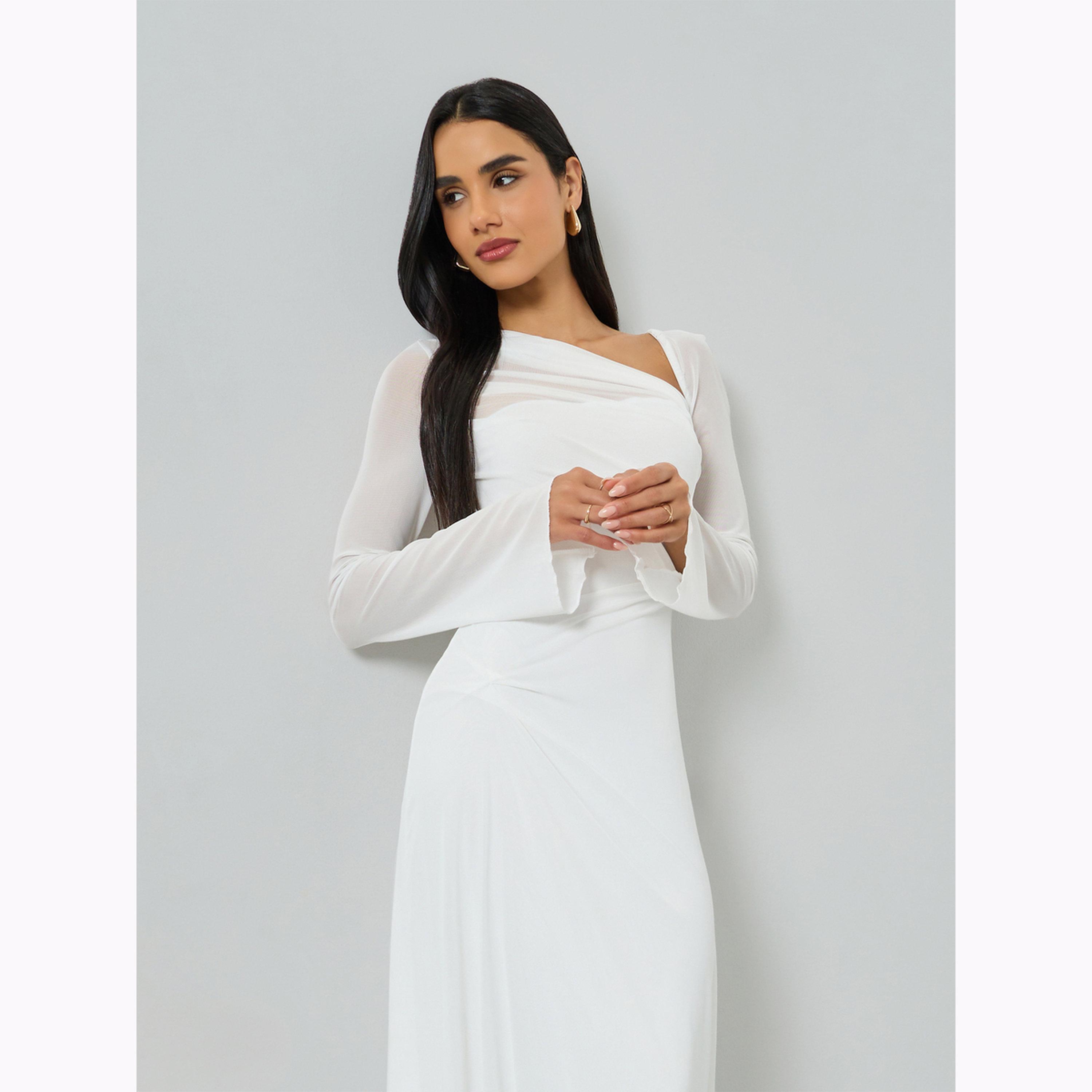 Take Two White Asymmetric Neck Long Sleeve Maxi Dress-women-clothing-dresses-image-2