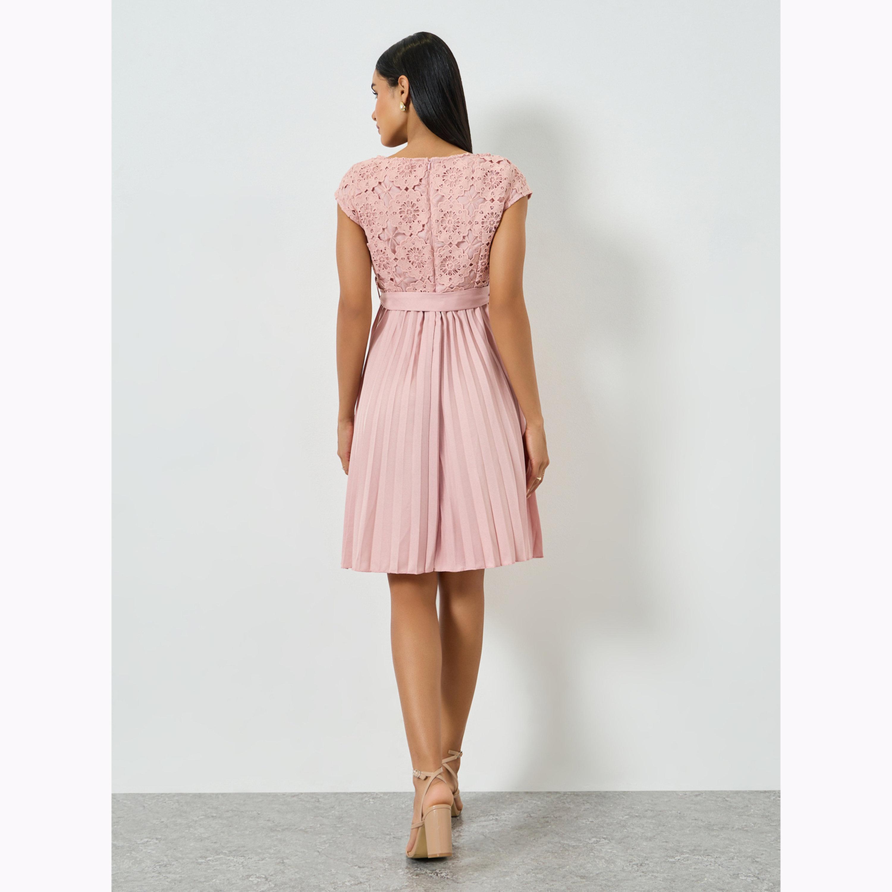 Take Two Pink Lace Pleated A-Line Knee-Length Dress-women-clothing-dresses-image-4