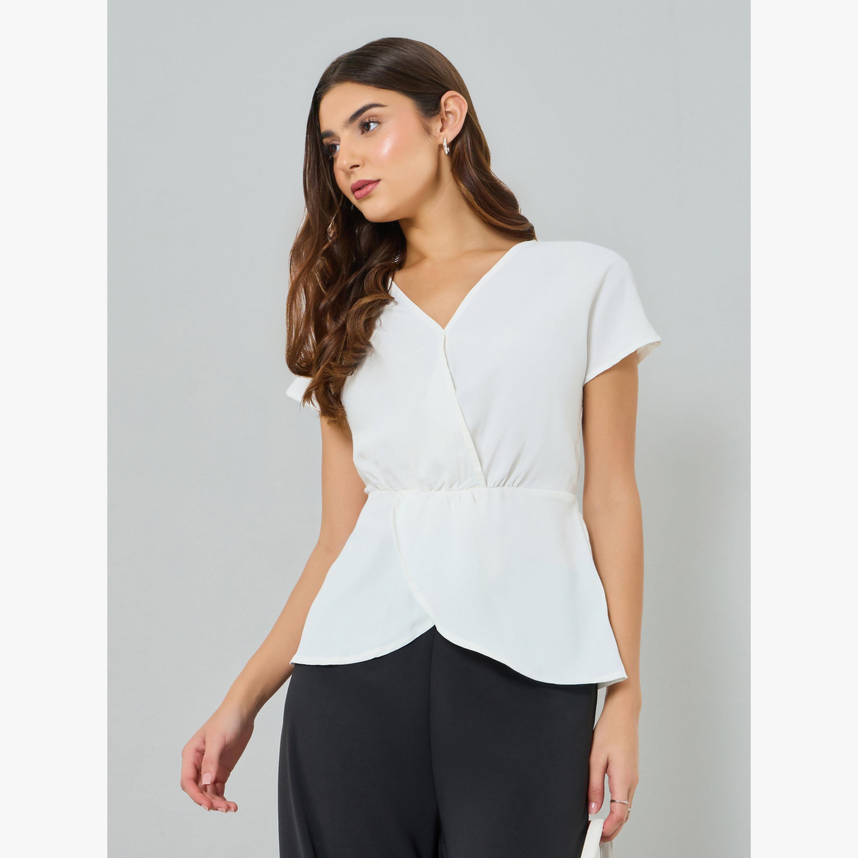 Take Two White Solid V Neck Top with Petal Hem-women-clothing-shirtsandblouses-blouses-image-1
