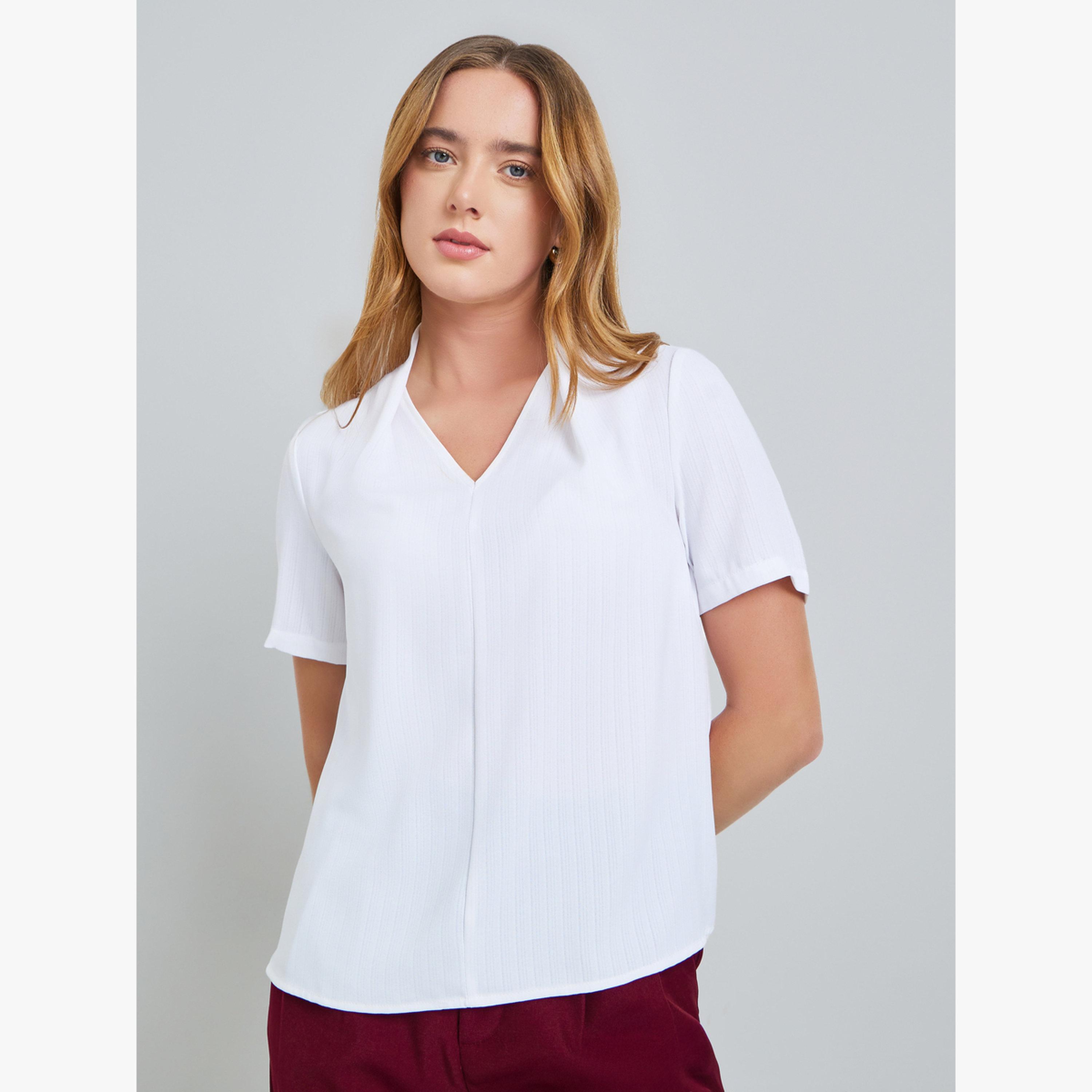 Take Two White Solid V Neck Short Sleeves Top-women-clothing-shirtsandblouses-blouses-image-1