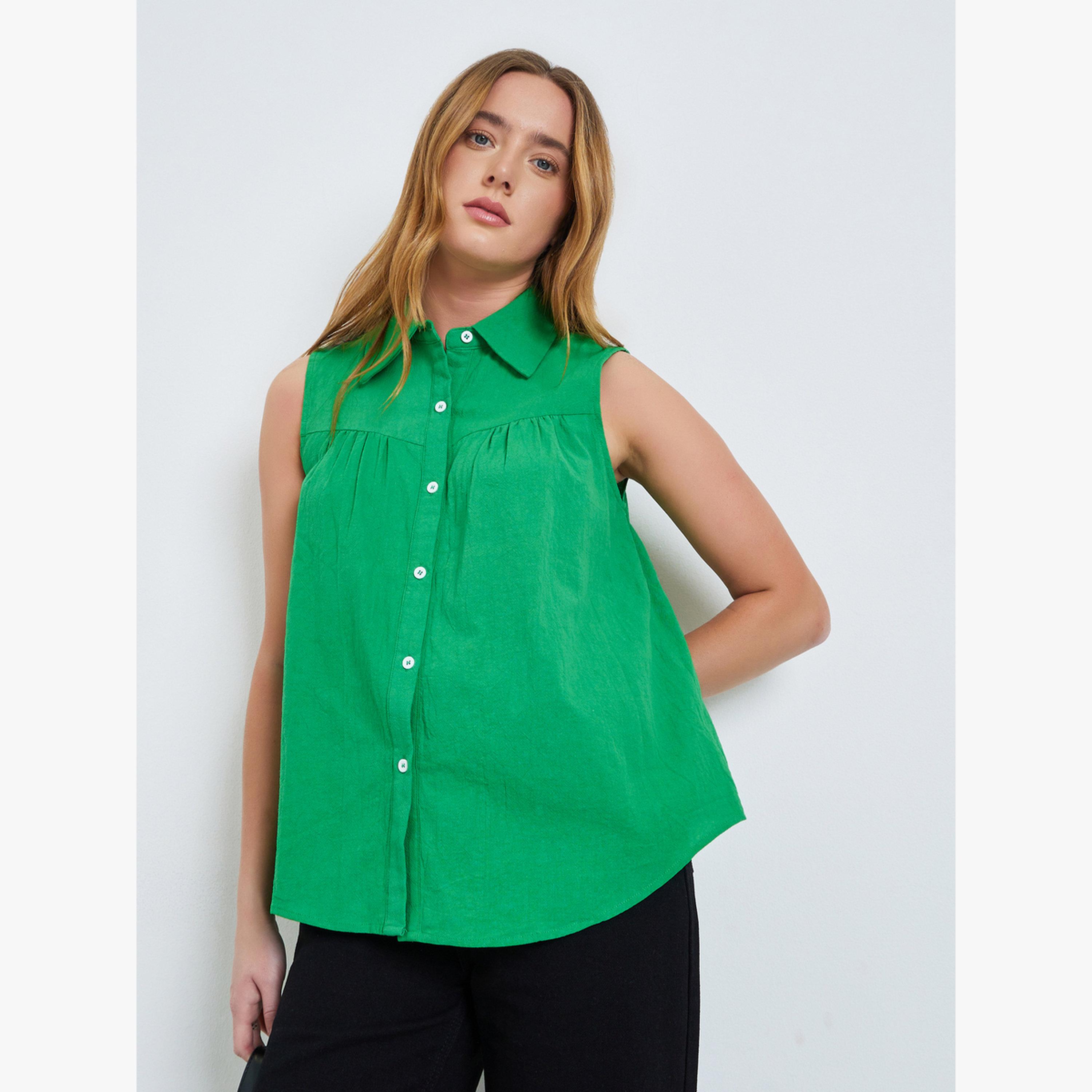 Take Two Green Solid Polo Neck Buttoned Top-women-clothing-shirtsandblouses-blouses-image-1