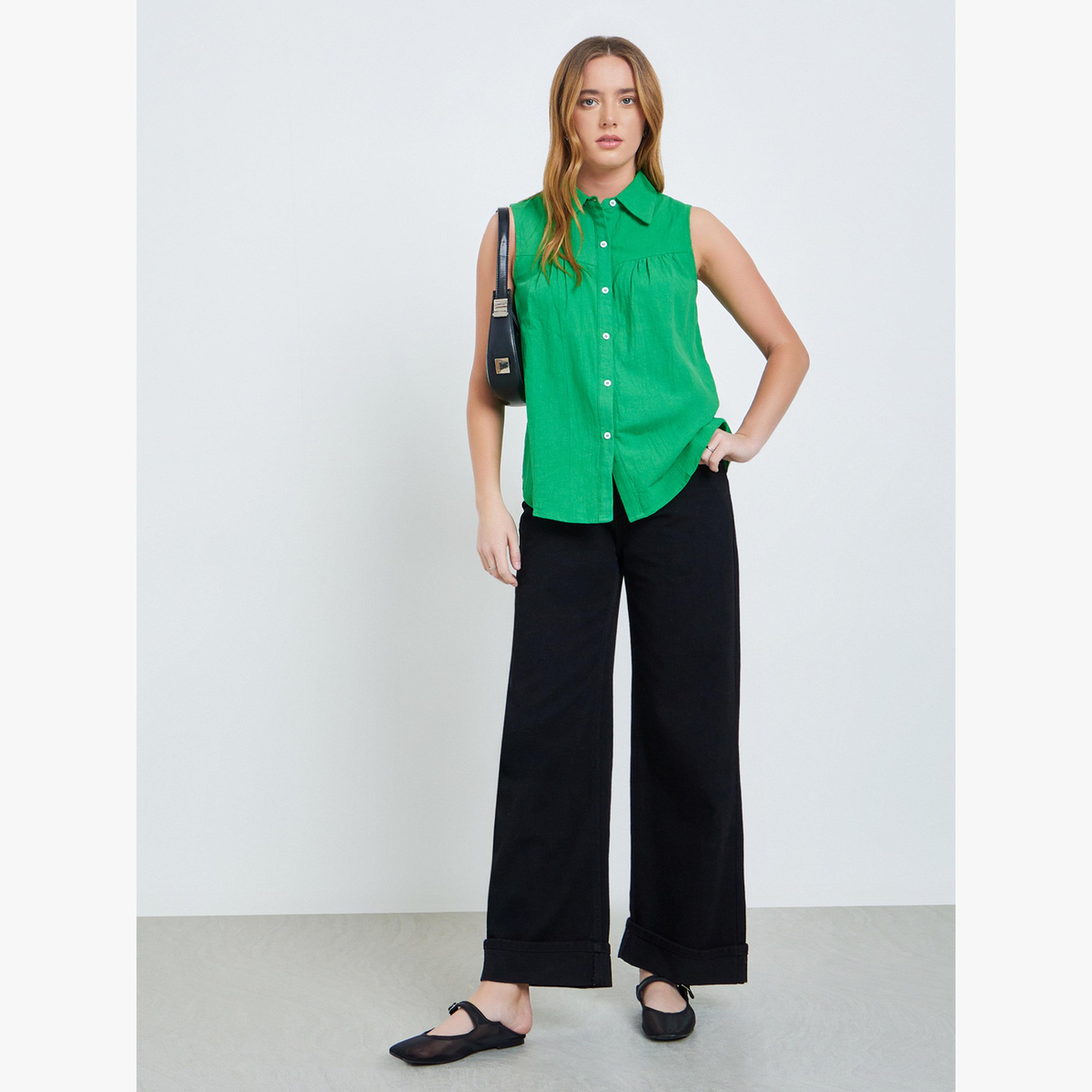 Take Two Green Solid Polo Neck Buttoned Top-women-clothing-shirtsandblouses-blouses-image-2