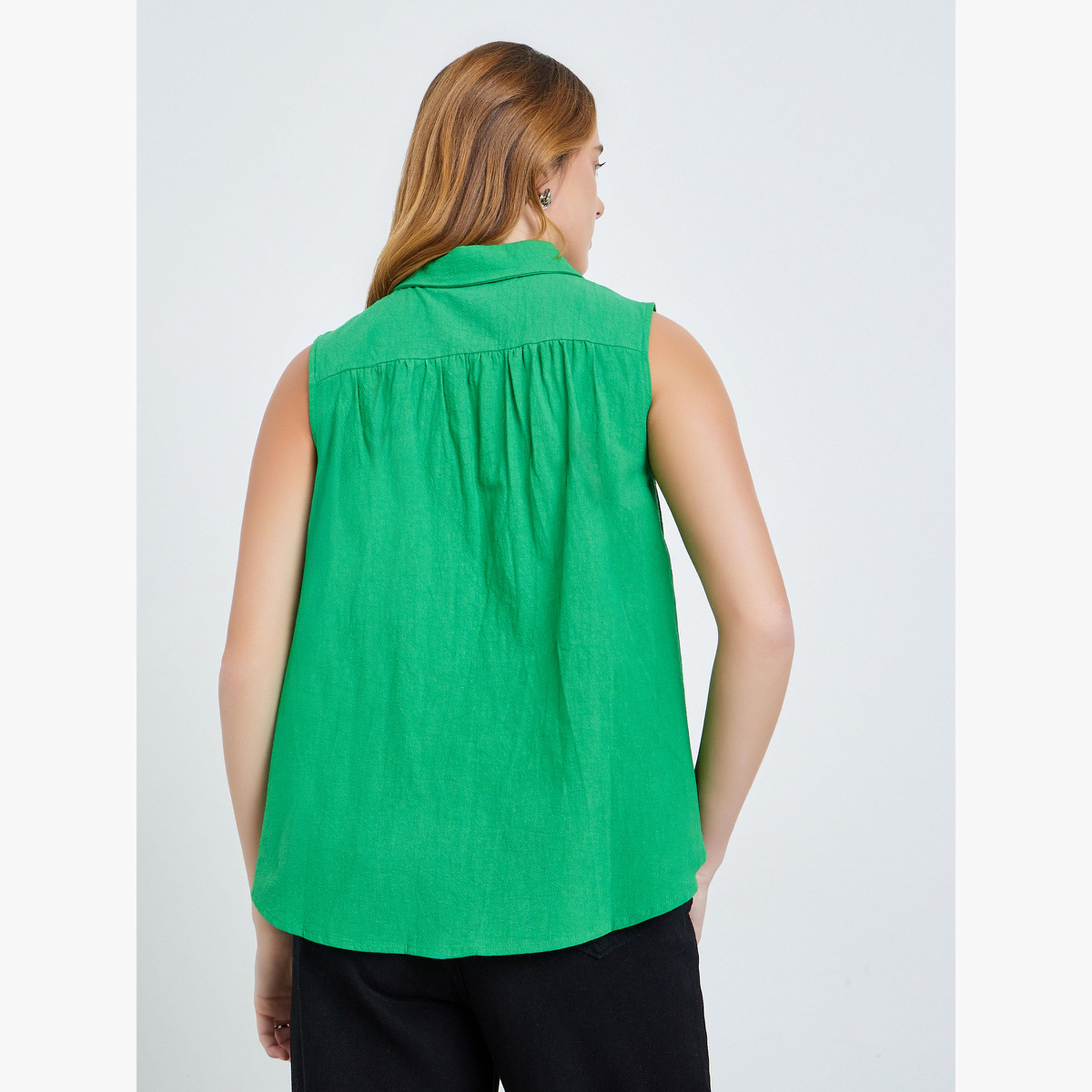 Take Two Green Solid Polo Neck Buttoned Top-women-clothing-shirtsandblouses-blouses-image-3