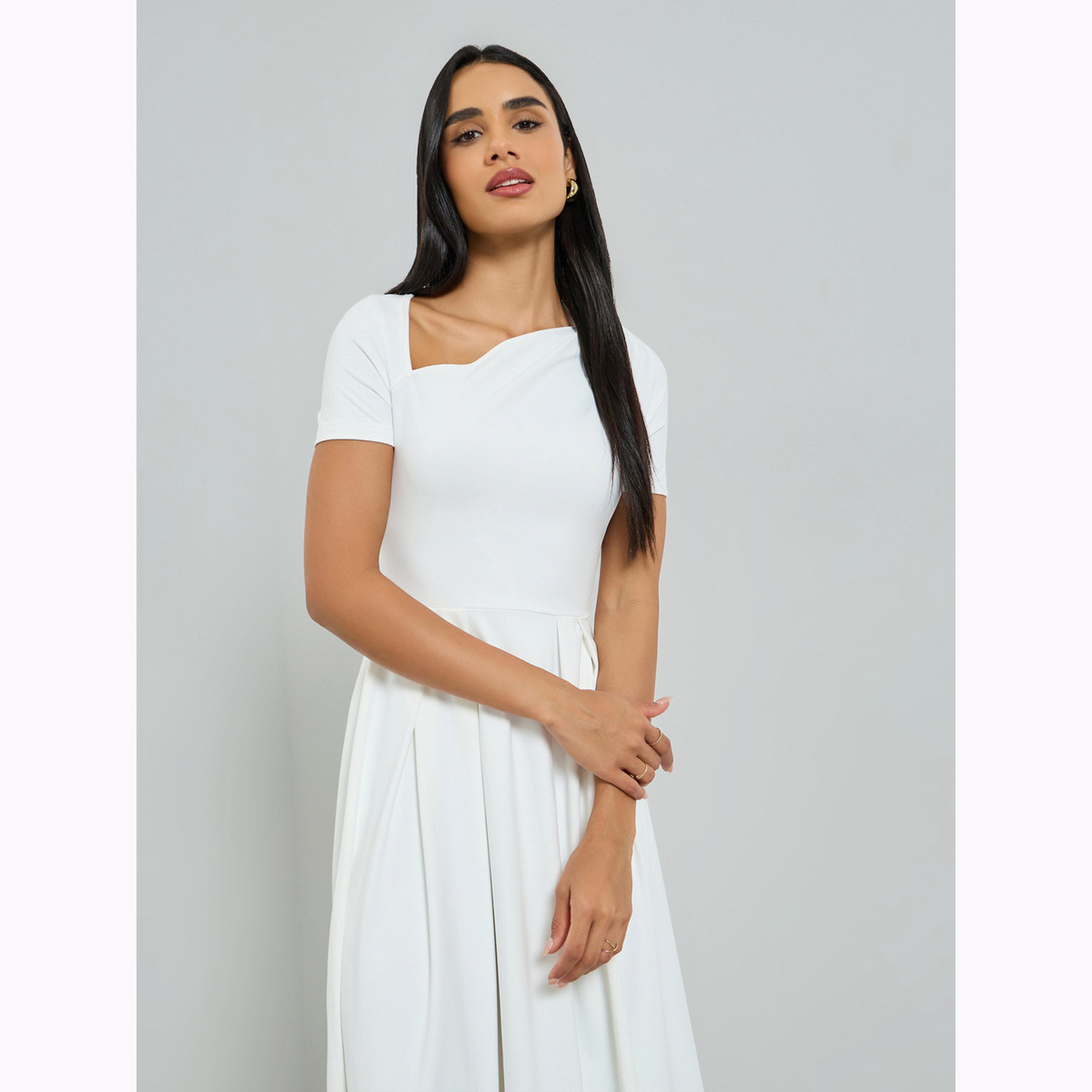 Take Two White Asymmetric Neck Short Sleeve Maxi Dress-women-clothing-dresses-image-2