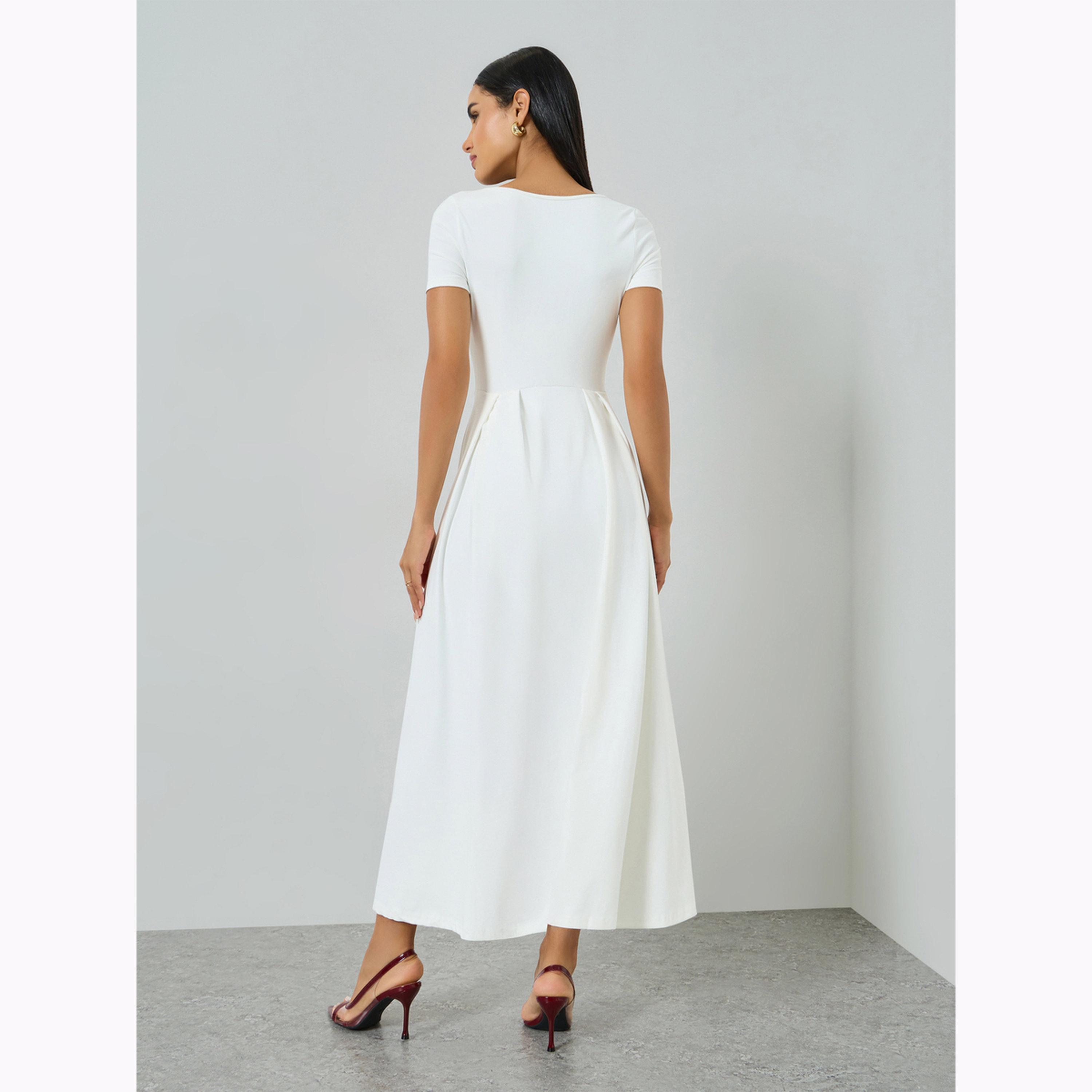 فستان طويل بأكمام قصيرة وياقة غير متماثلة-women-clothing-dresses-image-4