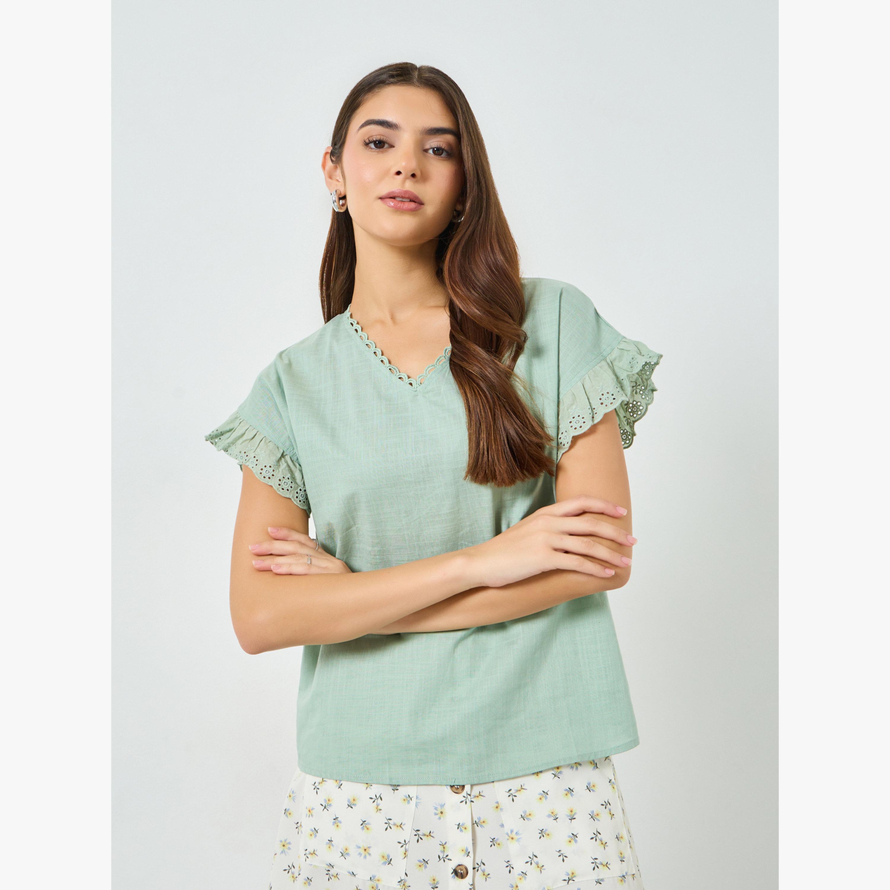 Take Two Green Solid Cotton Frill Sleeve Top-women-clothing-shirtsandblouses-blouses-image-1