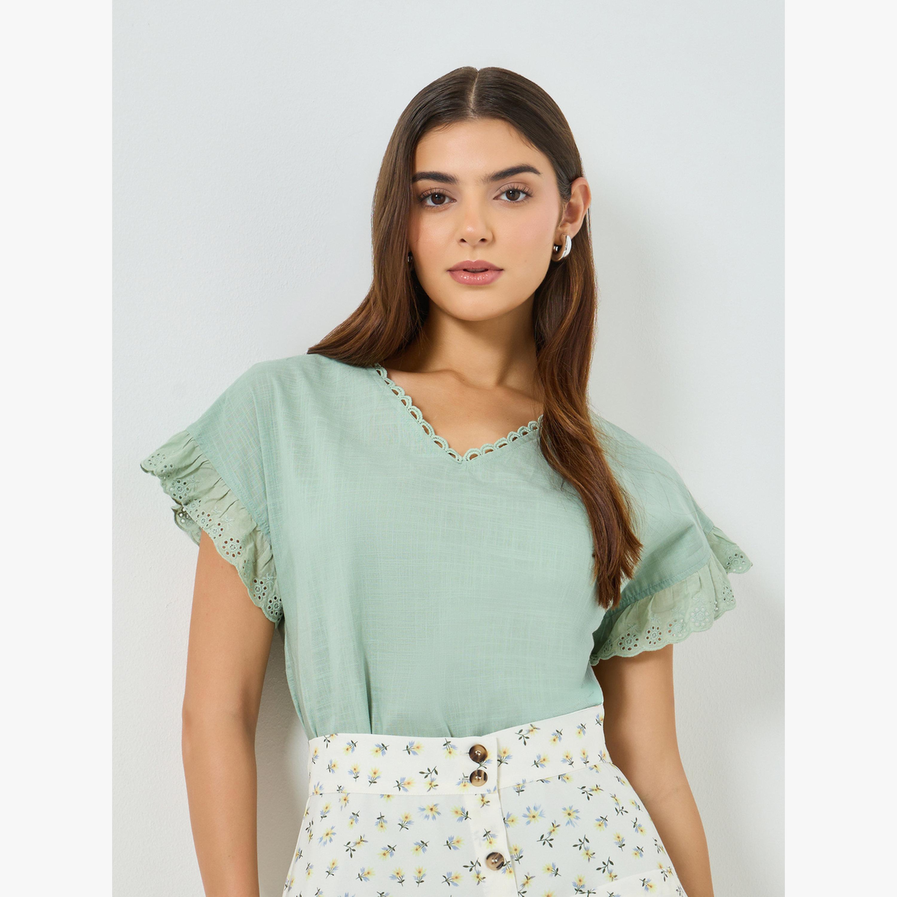بلوزة قطن سادة بأكمام مكشكشة-women-clothing-shirtsandblouses-blouses-image-3