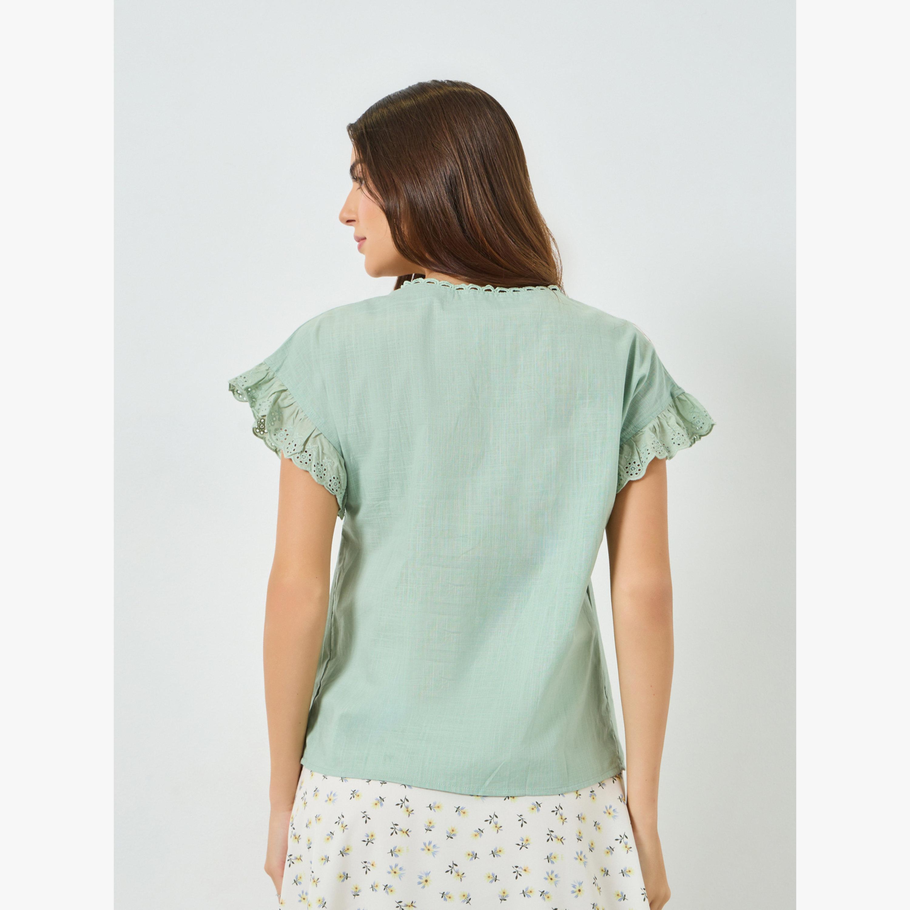 Take Two Green Solid Cotton Frill Sleeve Top-women-clothing-shirtsandblouses-blouses-image-4
