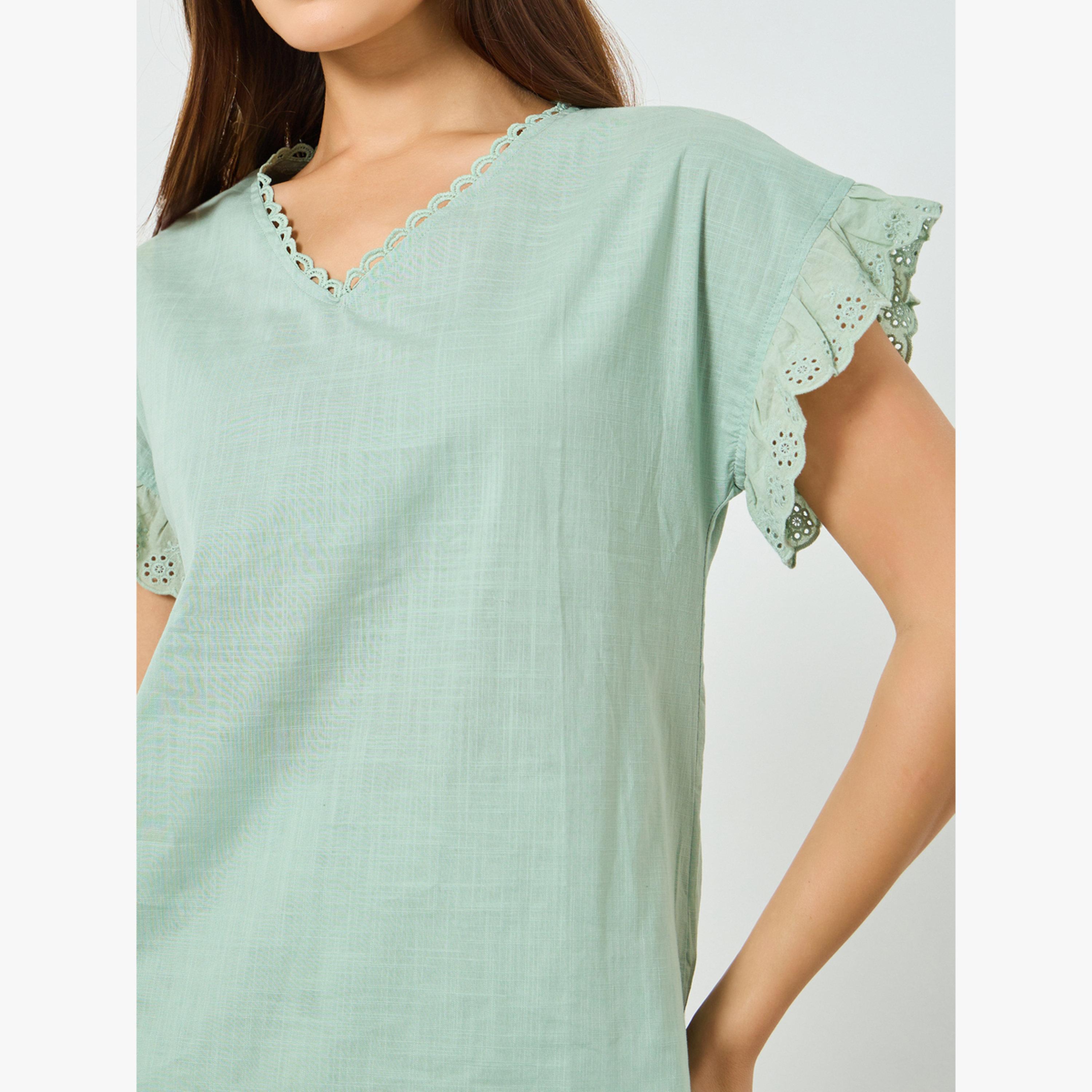بلوزة قطن سادة بأكمام مكشكشة-women-clothing-shirtsandblouses-blouses-image-1