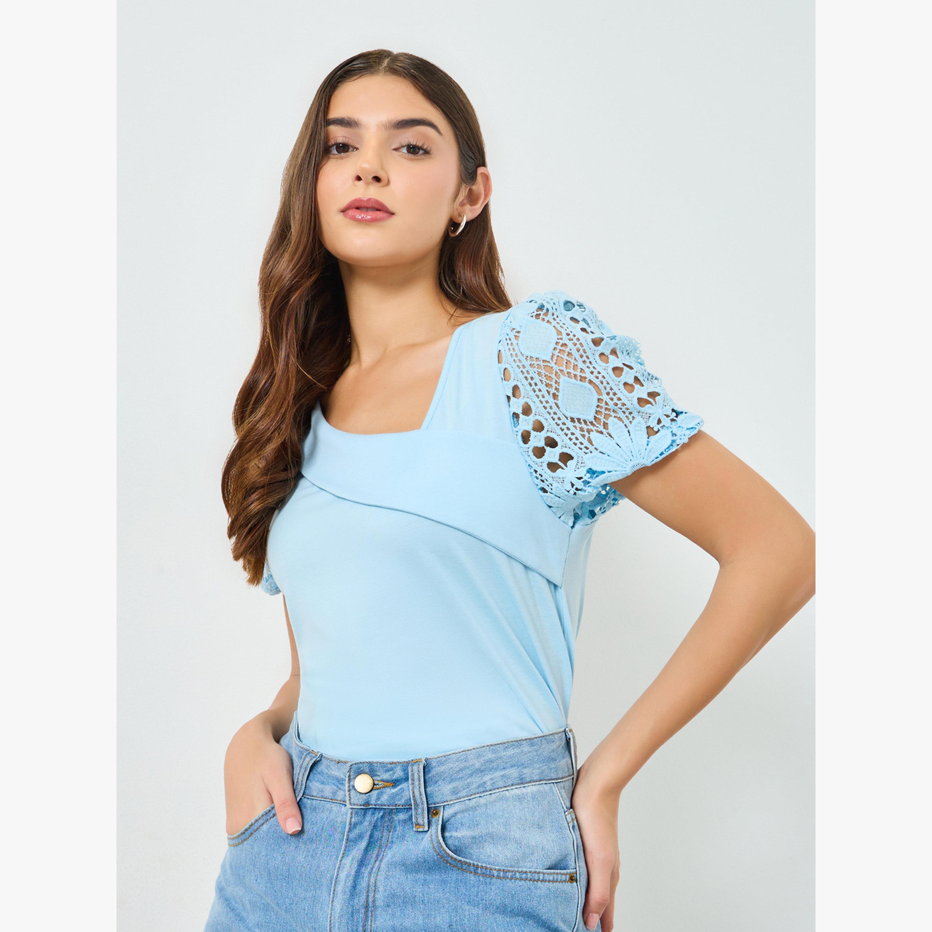 Take Two Blue Solid Asymmetric Neck Hollow Puff Sleeve Top-women-clothing-shirtsandblouses-blouses-image-3