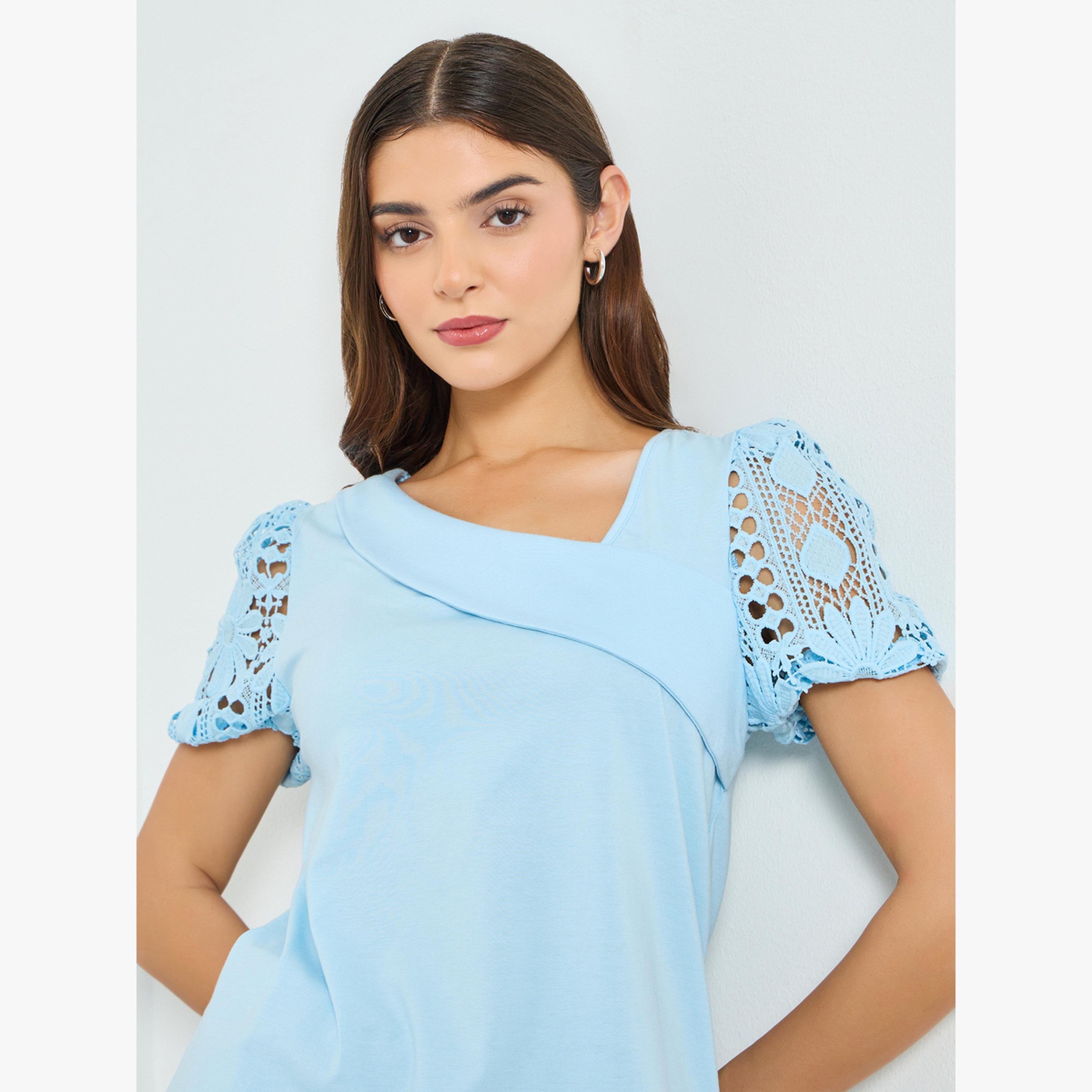 Take Two Blue Solid Asymmetric Neck Hollow Puff Sleeve Top-women-clothing-shirtsandblouses-blouses-image-4