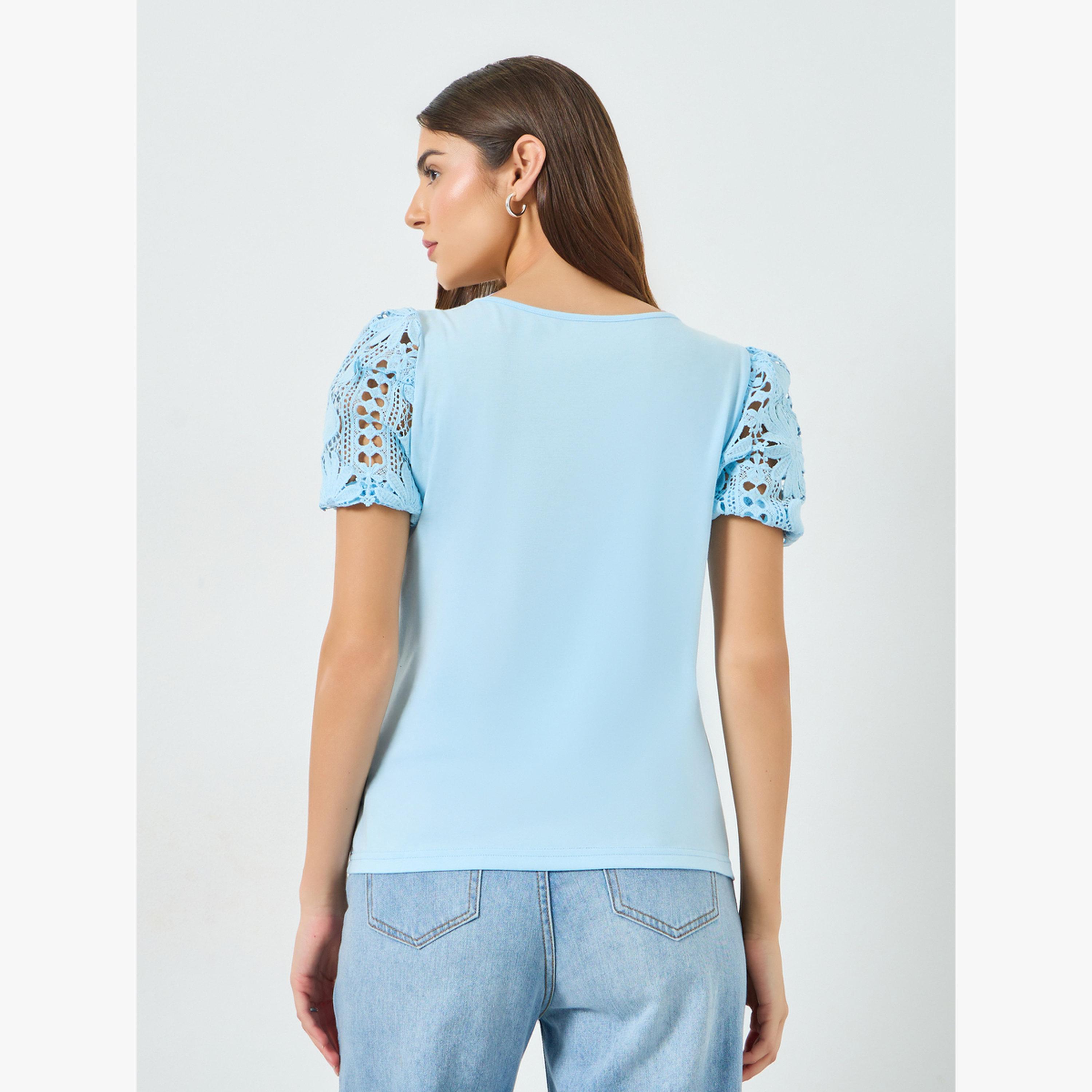 Take Two Blue Solid Asymmetric Neck Hollow Puff Sleeve Top-women-clothing-shirtsandblouses-blouses-image-5