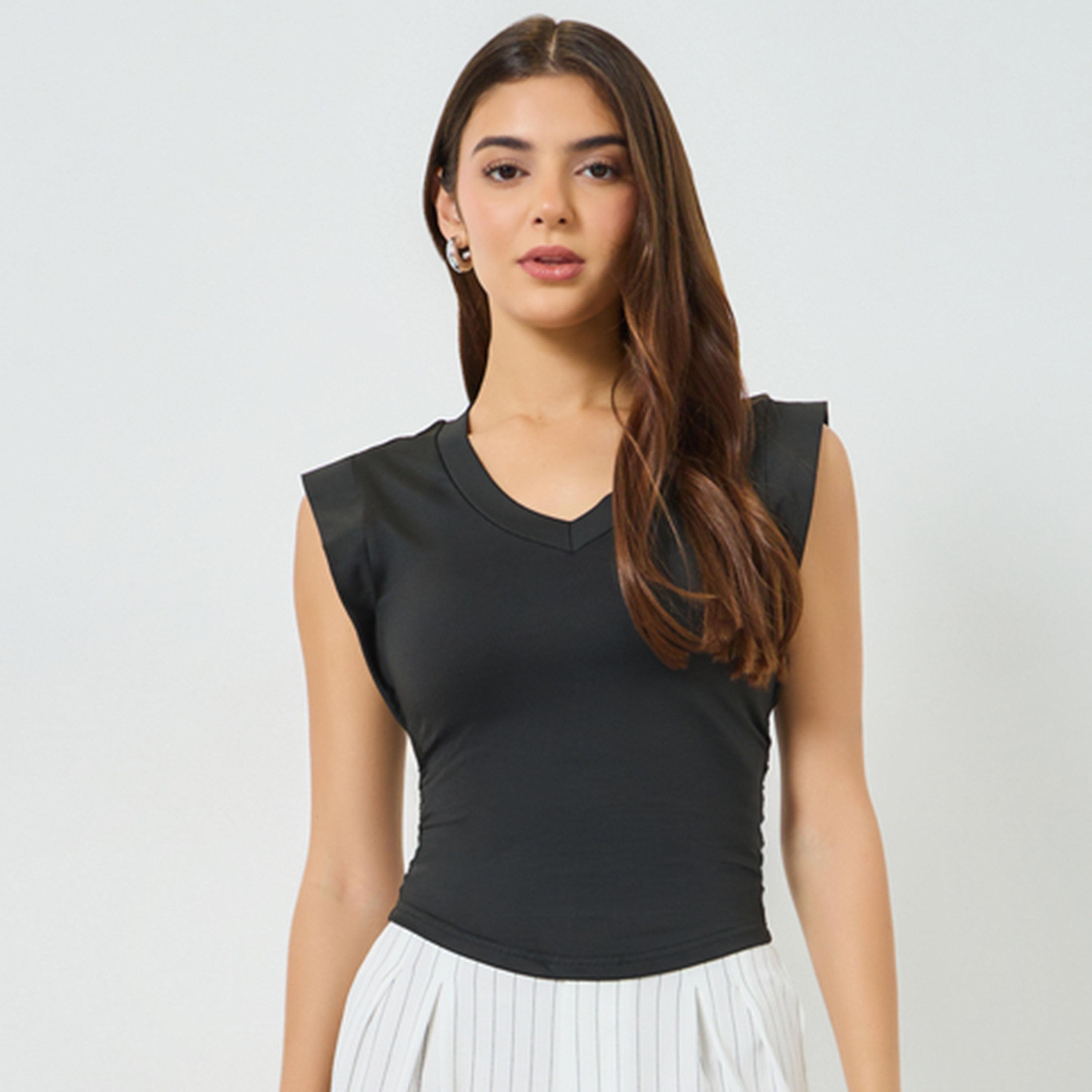 Take Two Black Solid V Neck Cap Sleeve Top-women-clothing-shirtsandblouses-blouses-image-1