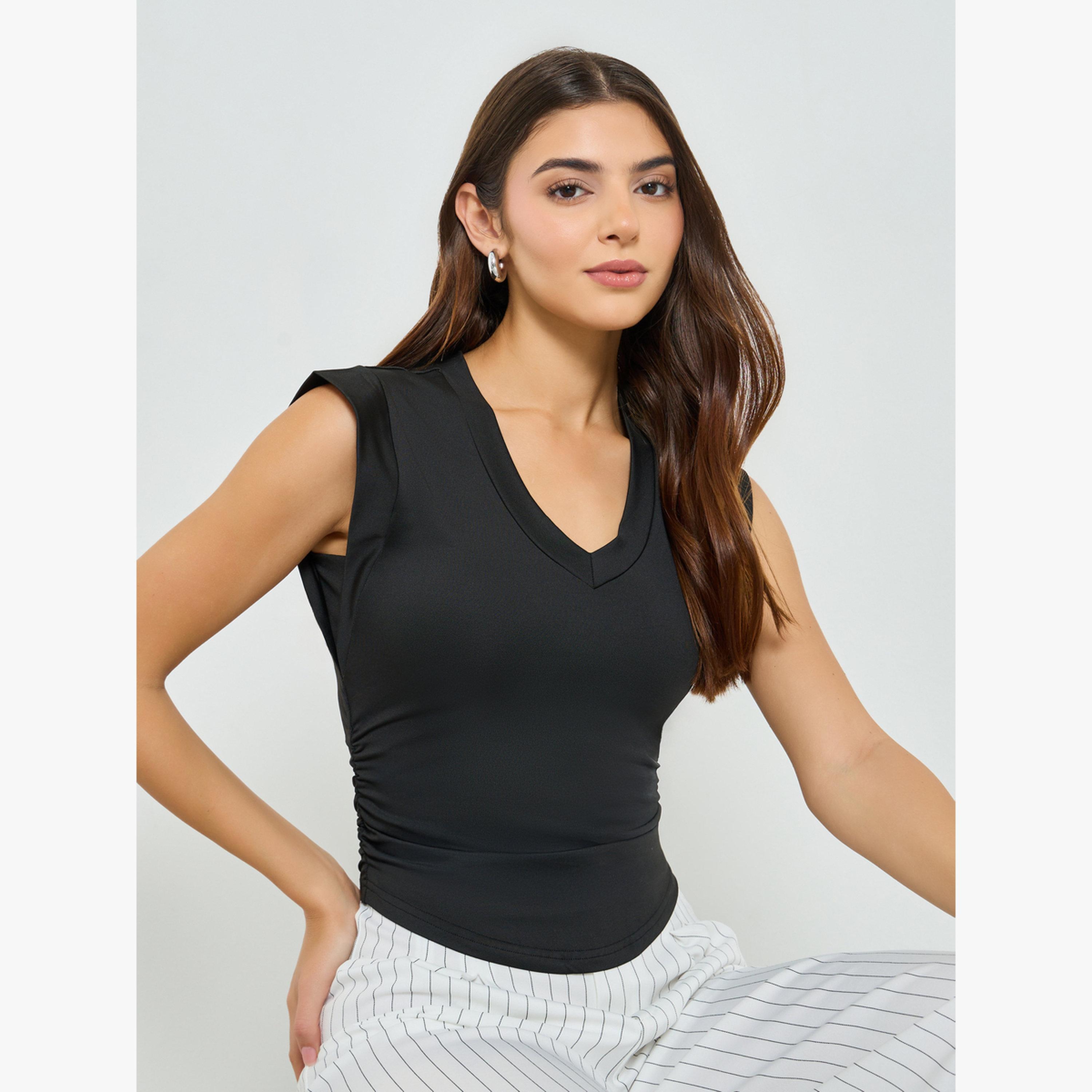 Take Two Black Solid V Neck Cap Sleeve Top-women-clothing-shirtsandblouses-blouses-image-3