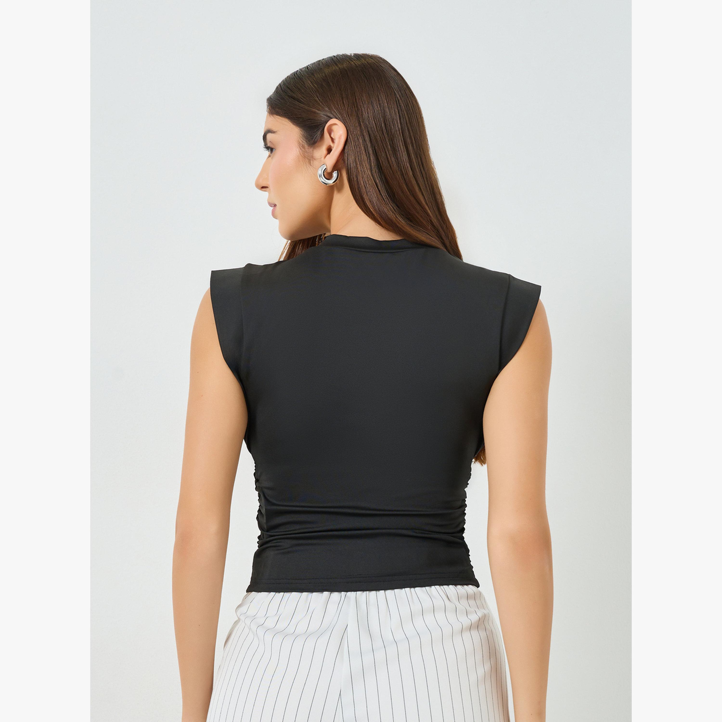 Take Two Black Solid V Neck Cap Sleeve Top-women-clothing-shirtsandblouses-blouses-image-4