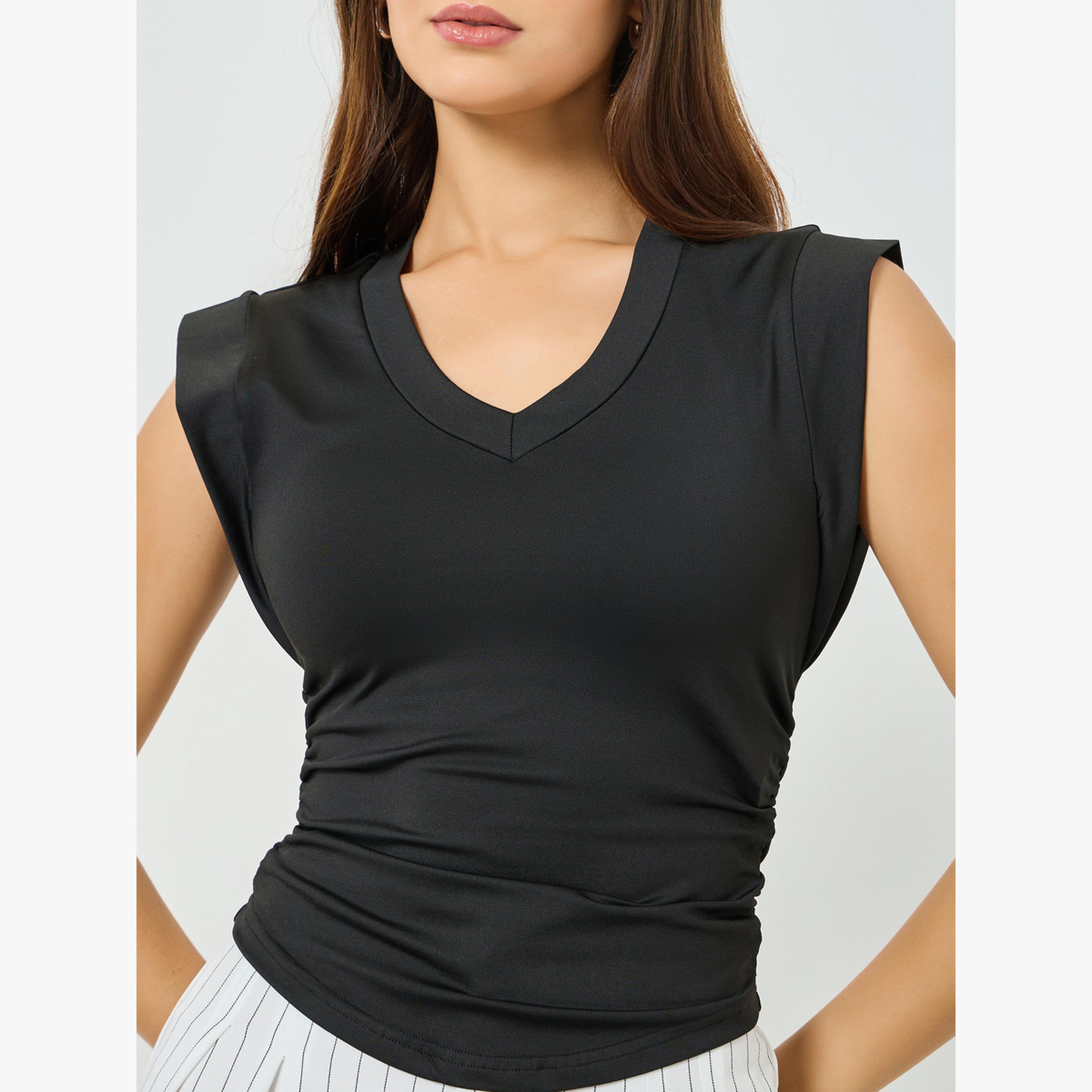 Take Two Black Solid V Neck Cap Sleeve Top-women-clothing-shirtsandblouses-blouses-image-5