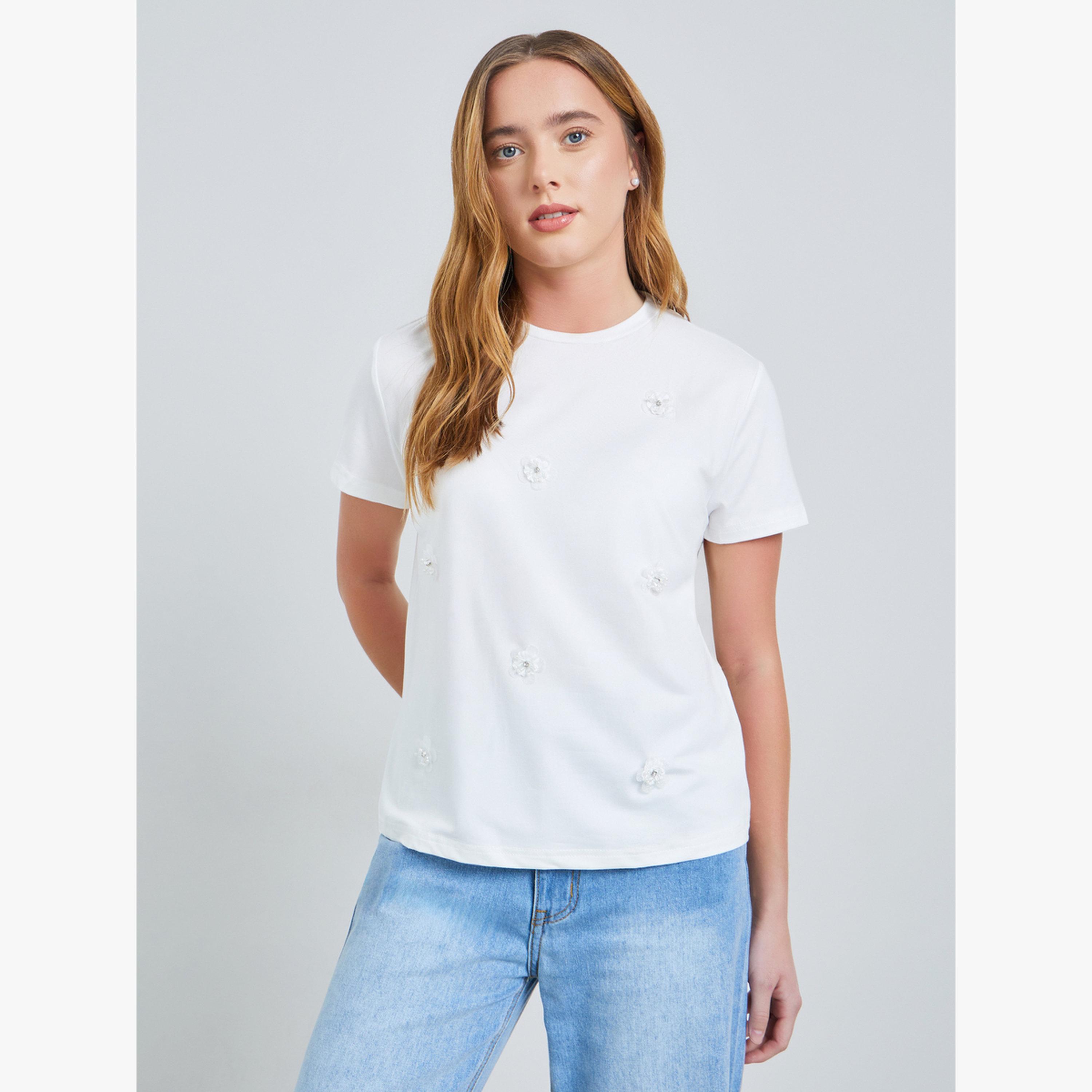 Take Two White Flower Detail Round Neck Short Sleeve Top-women-clothing-shirtsandblouses-blouses-image-1
