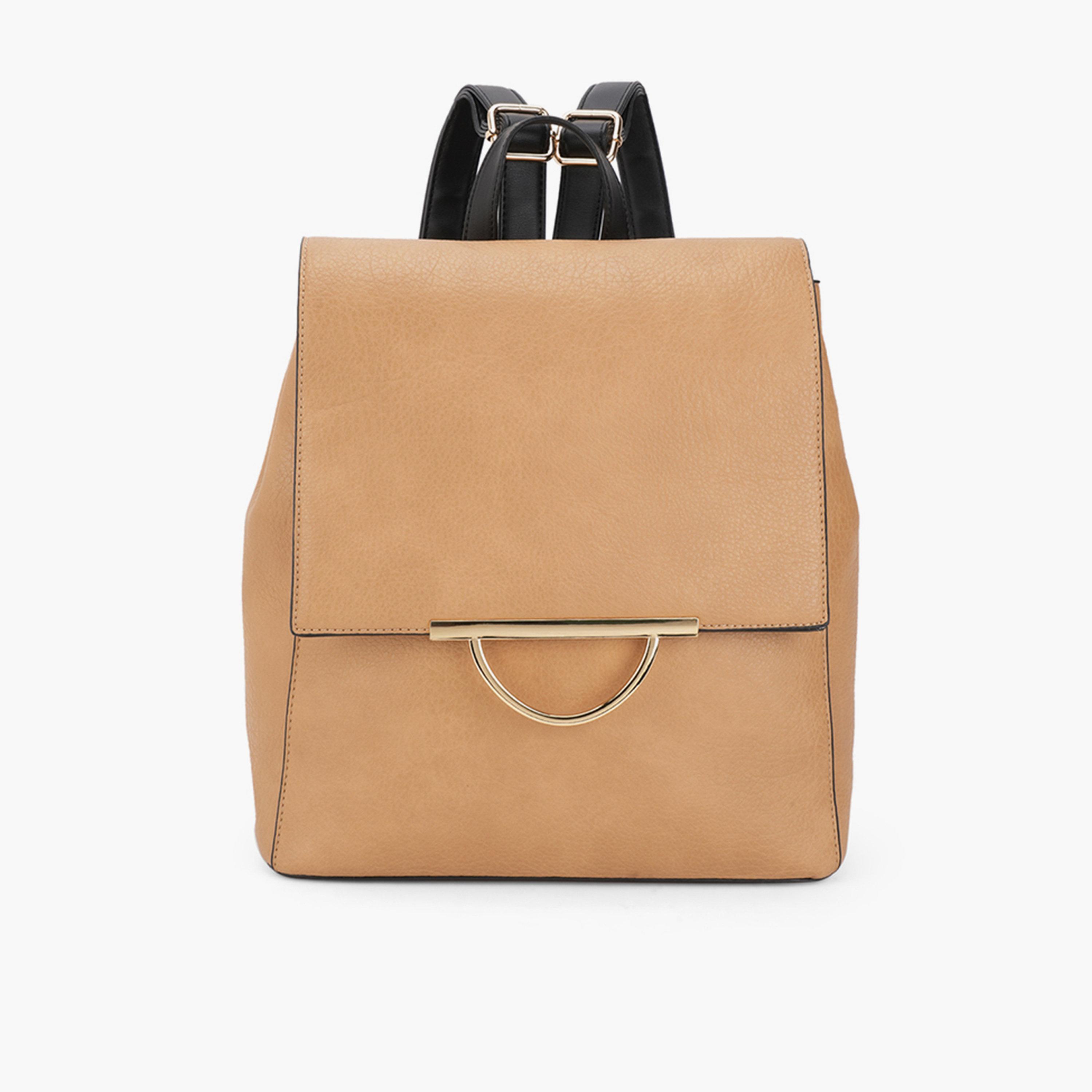 Globus X Styli Tan Textured Metal Detail Backpack-women-bagsandwallets-backpacks-image-1