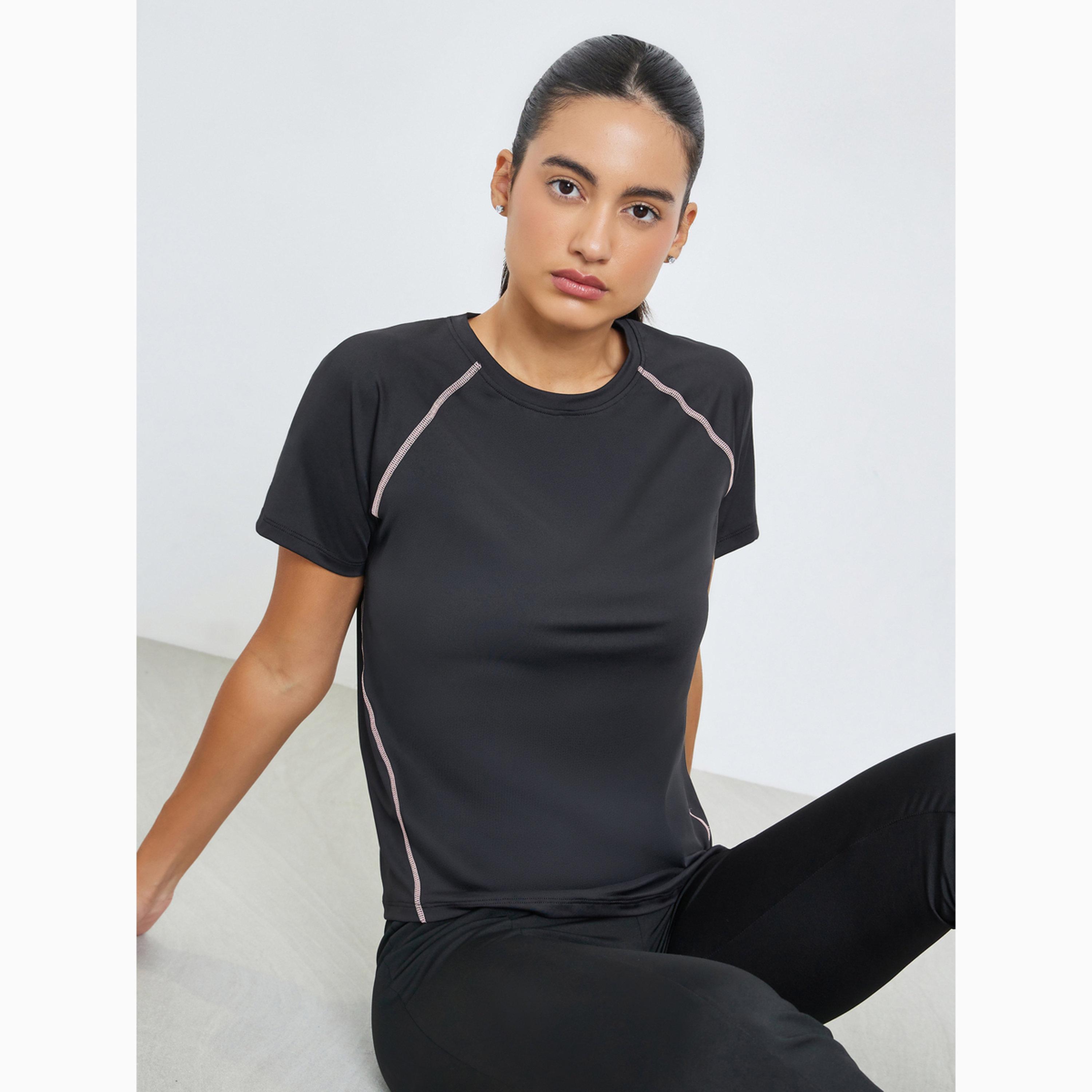 Styli Black Contrast Stitch Detail Short Sleeves Top-sports-women-clothing-tshirtsandvests-image-3