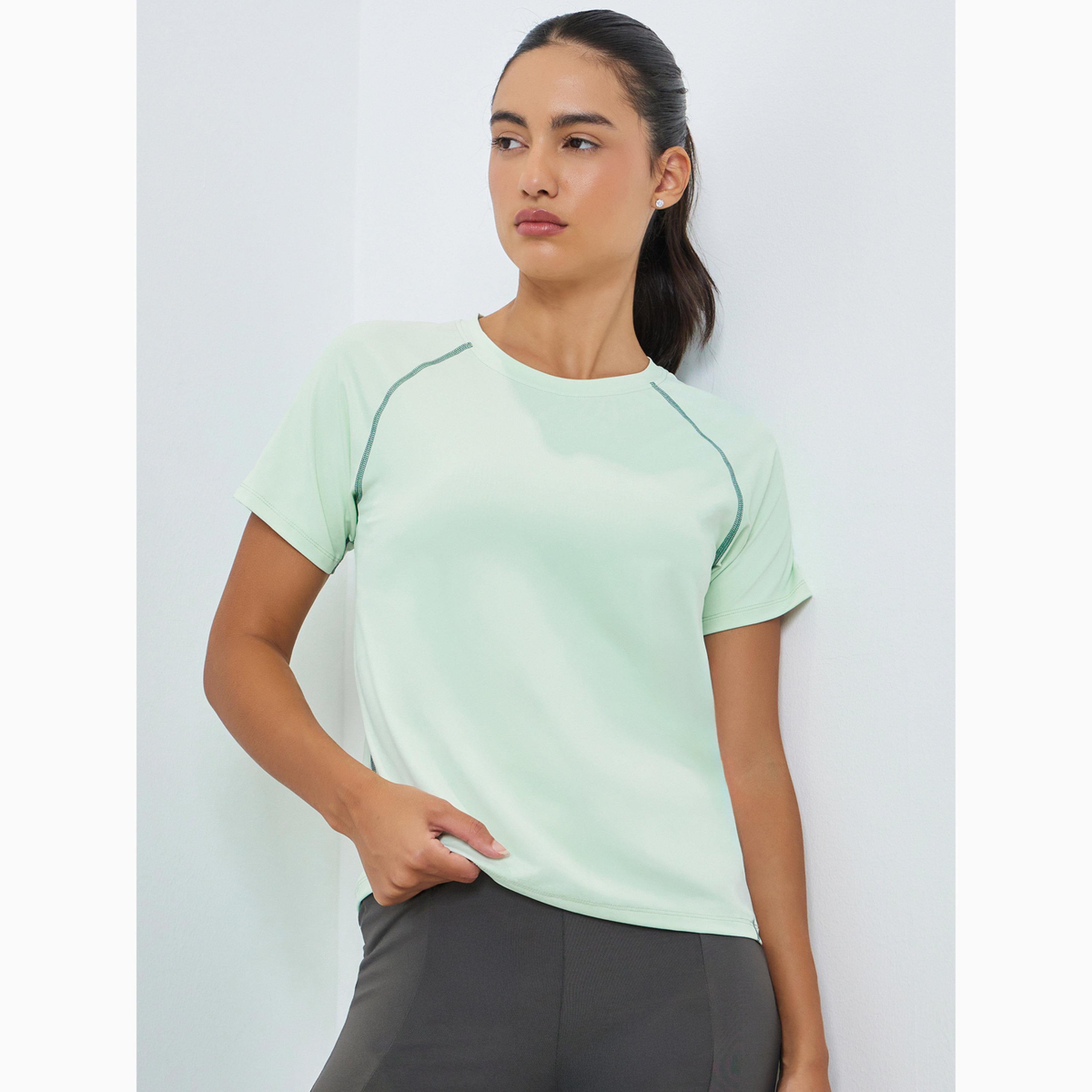 Styli Green Contrast Stitch Detail Short Sleeves Top-sports-women-clothing-tshirtsandvests-image-1