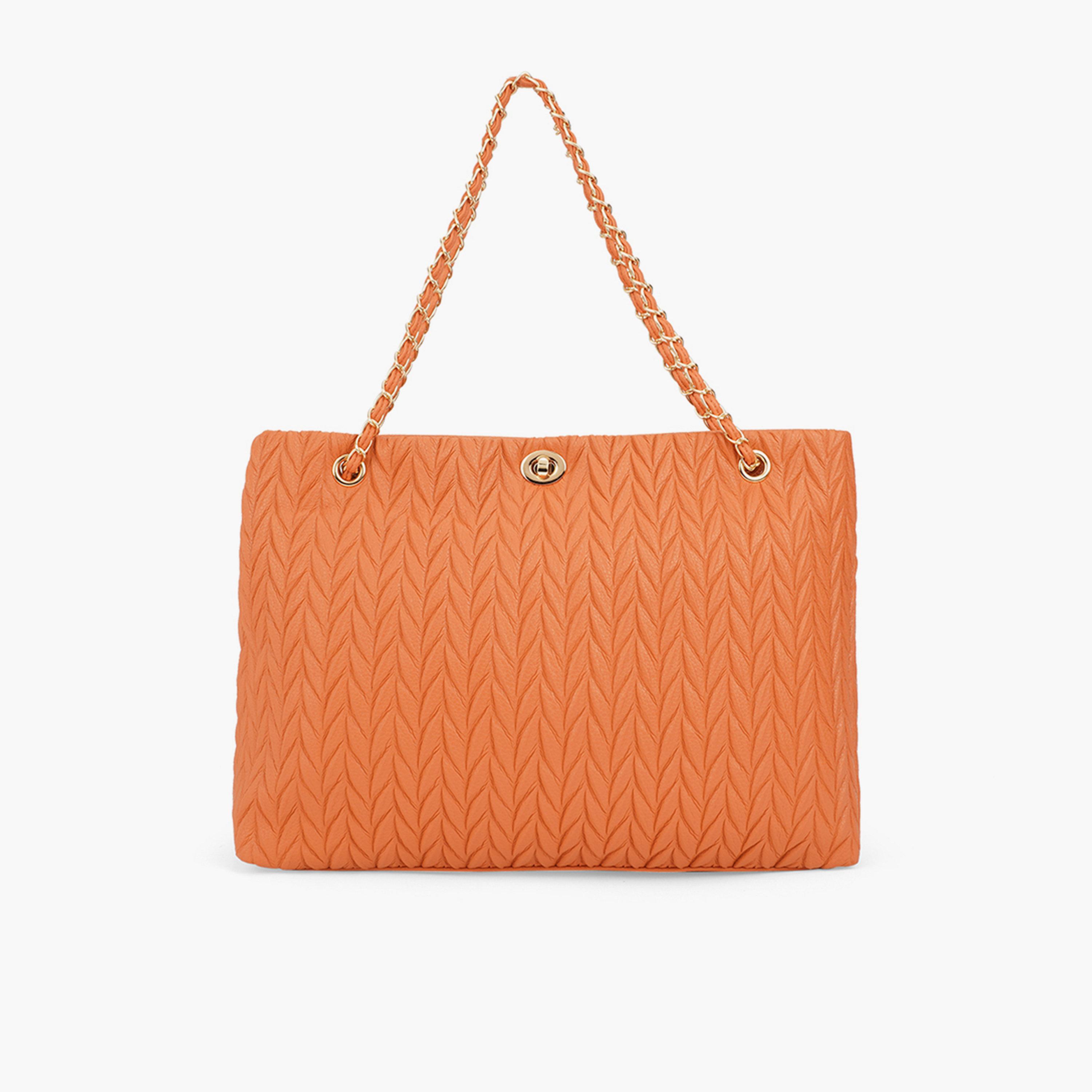 Globus X Styli Orange Textured Twisted Lock Tote Bag-women-bagsandwallets-handbags-image-1
