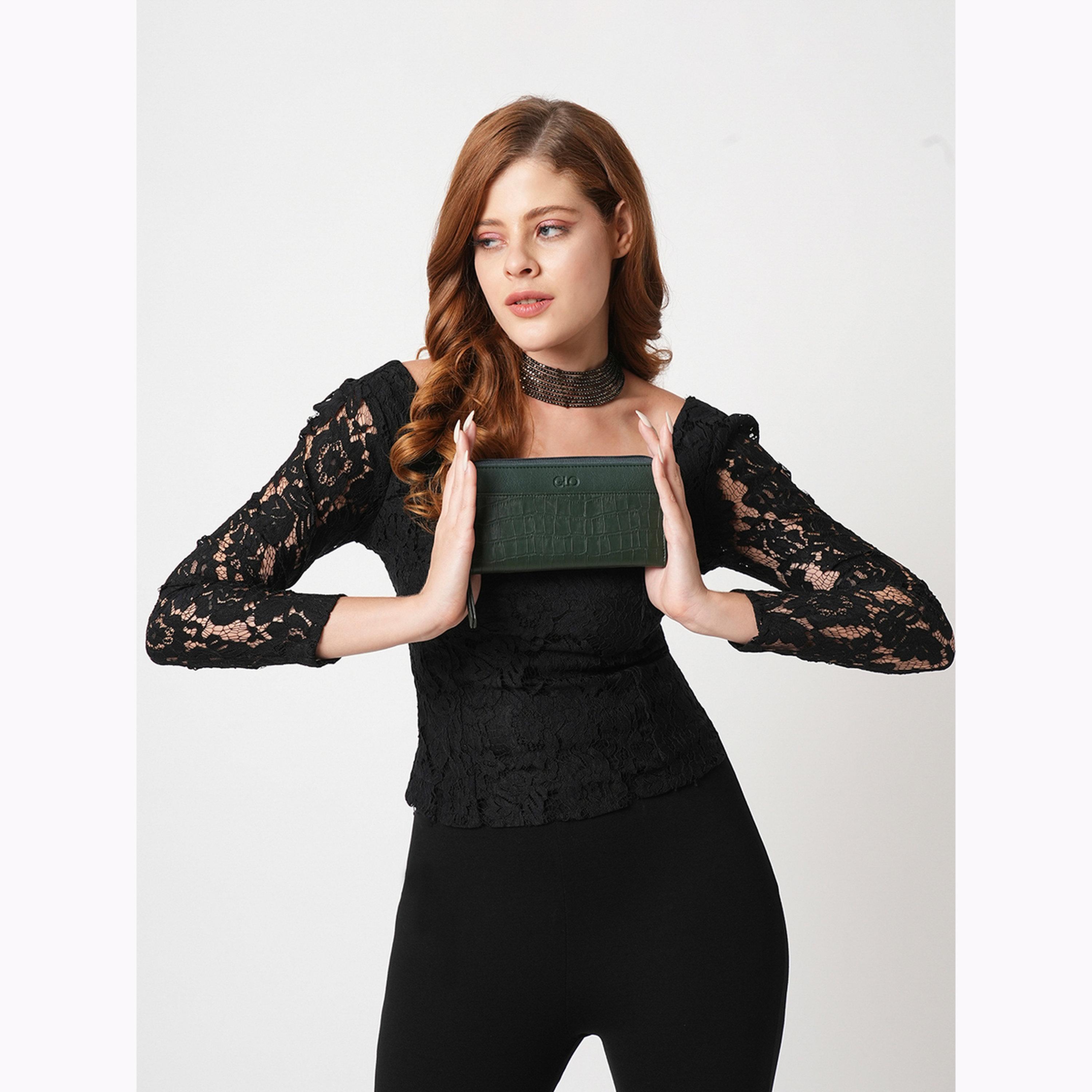 محفظة خضراء داكنة بملمس جلد التمساح مع جيب عملات-women-bagsandwallets-wallets-image-2
