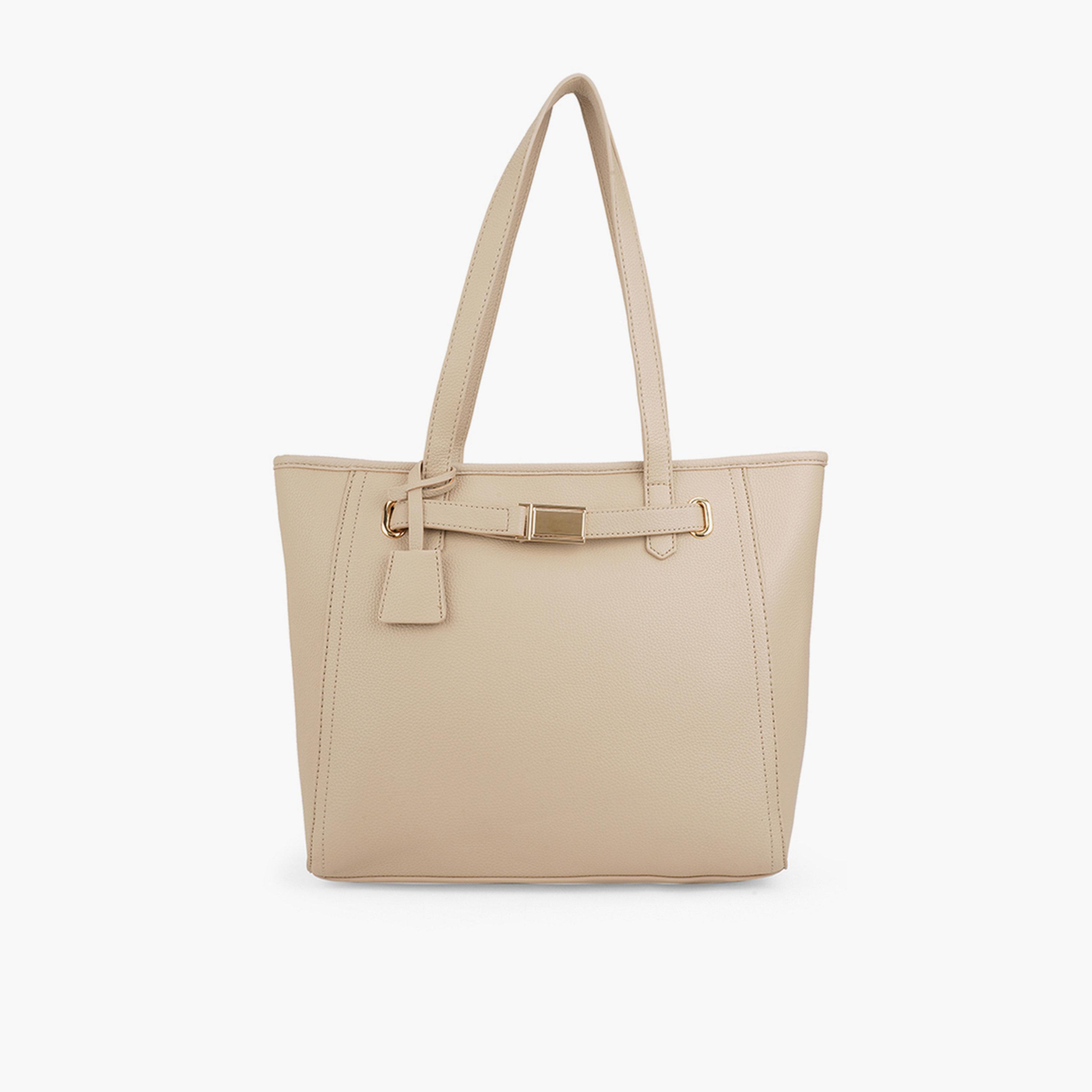 Globus X Styli Beige Textured Buckle Detail Tote Bag-women-bagsandwallets-handbags-image-1