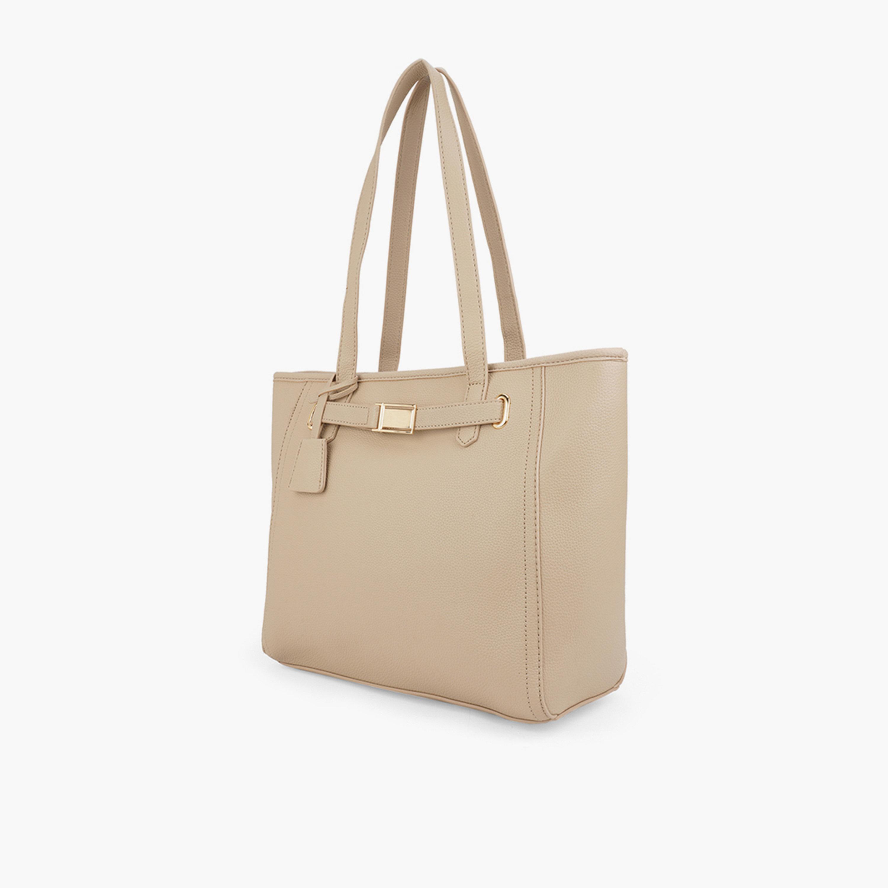Globus X Styli Beige Textured Buckle Detail Tote Bag-women-bagsandwallets-handbags-image-2