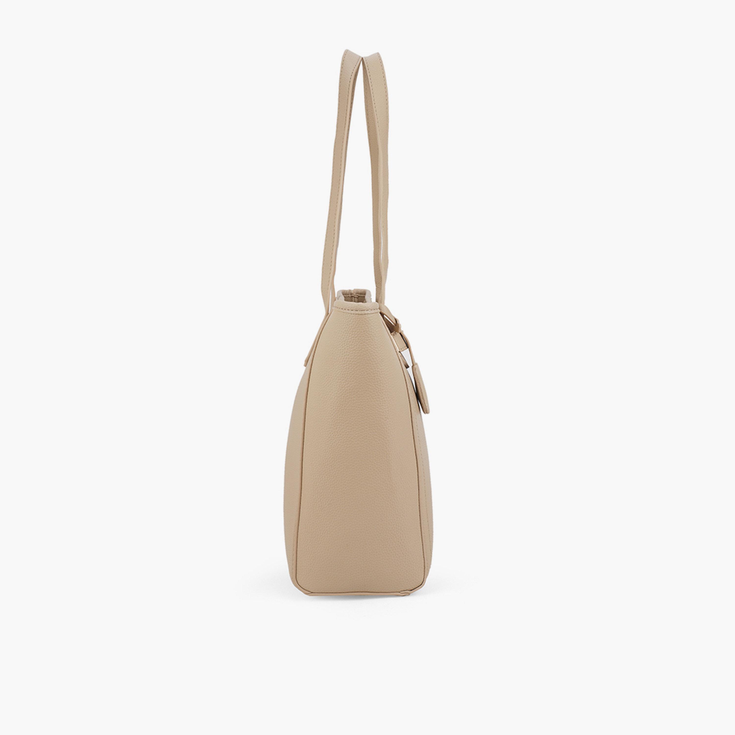 Globus X Styli Beige Textured Buckle Detail Tote Bag-women-bagsandwallets-handbags-image-4
