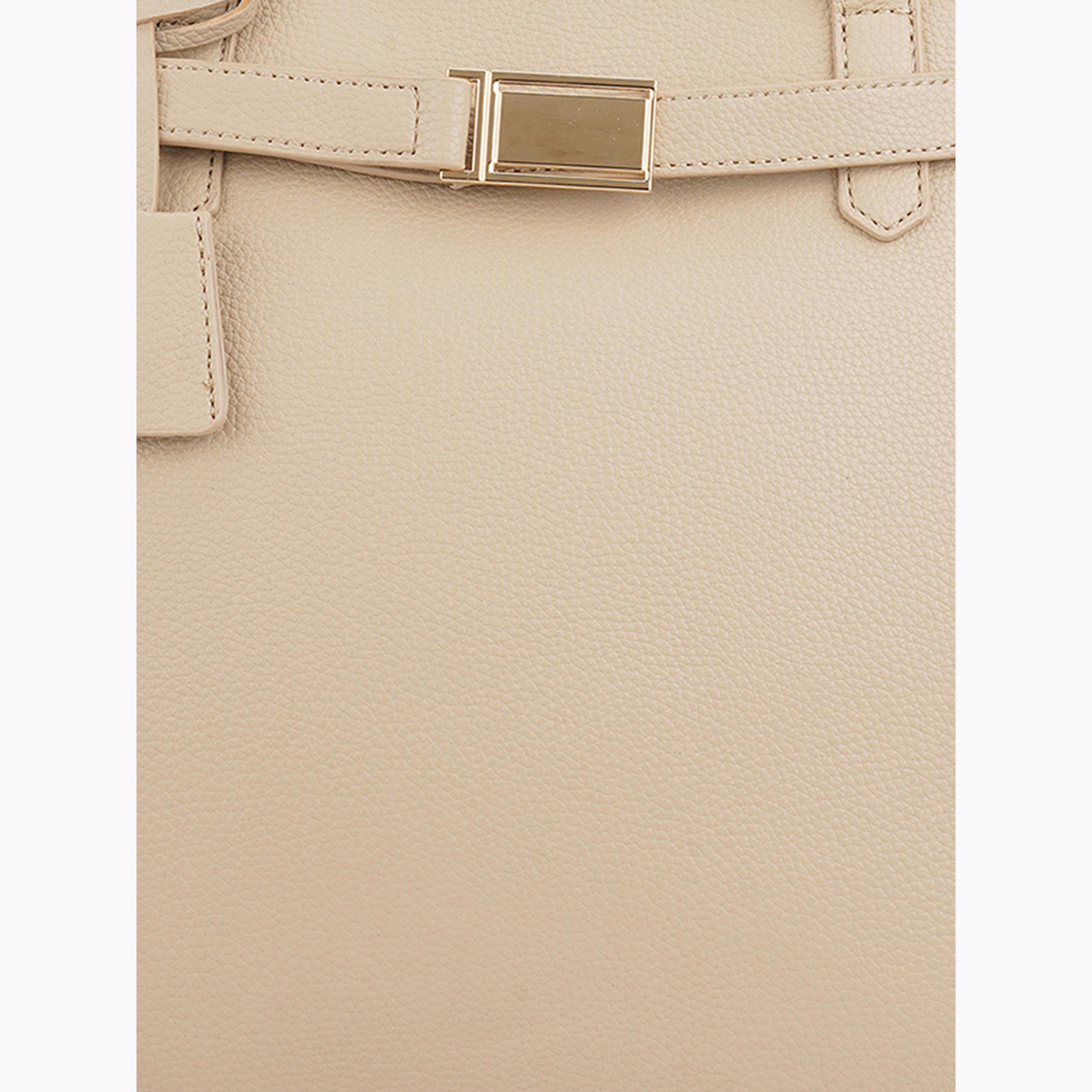 Globus X Styli Beige Textured Buckle Detail Tote Bag-women-bagsandwallets-handbags-image-6