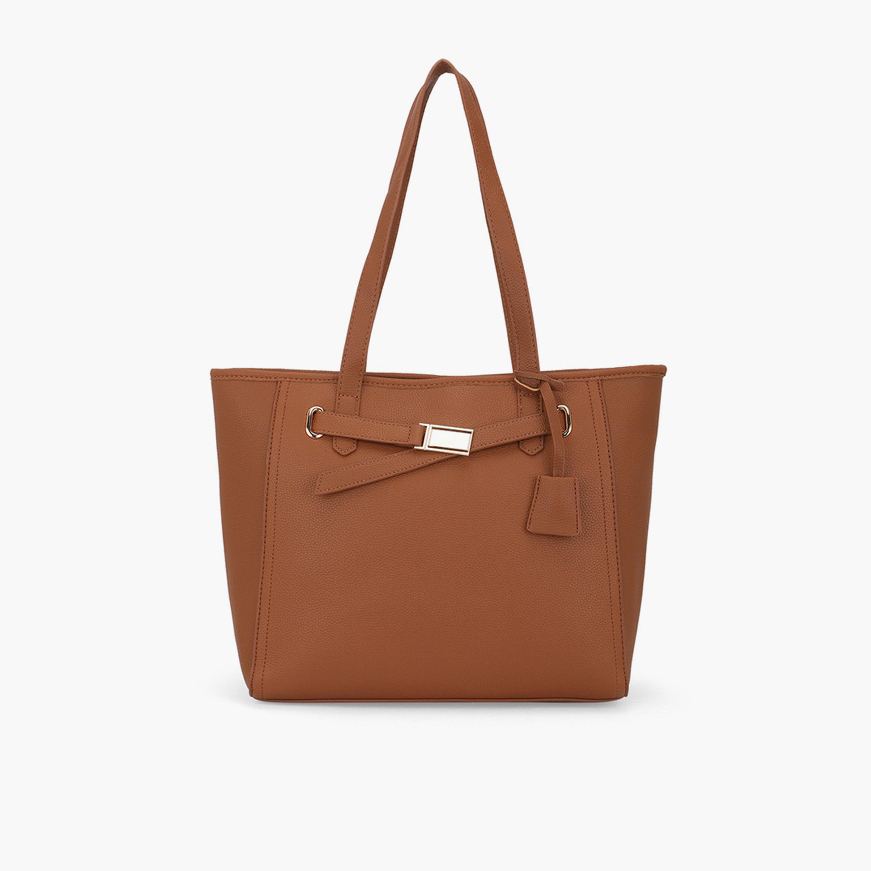 شنطة توت بتفاصيل بارزة الملمس وتفاصيل إبزيم لون تان-women-bagsandwallets-handbags-image-1