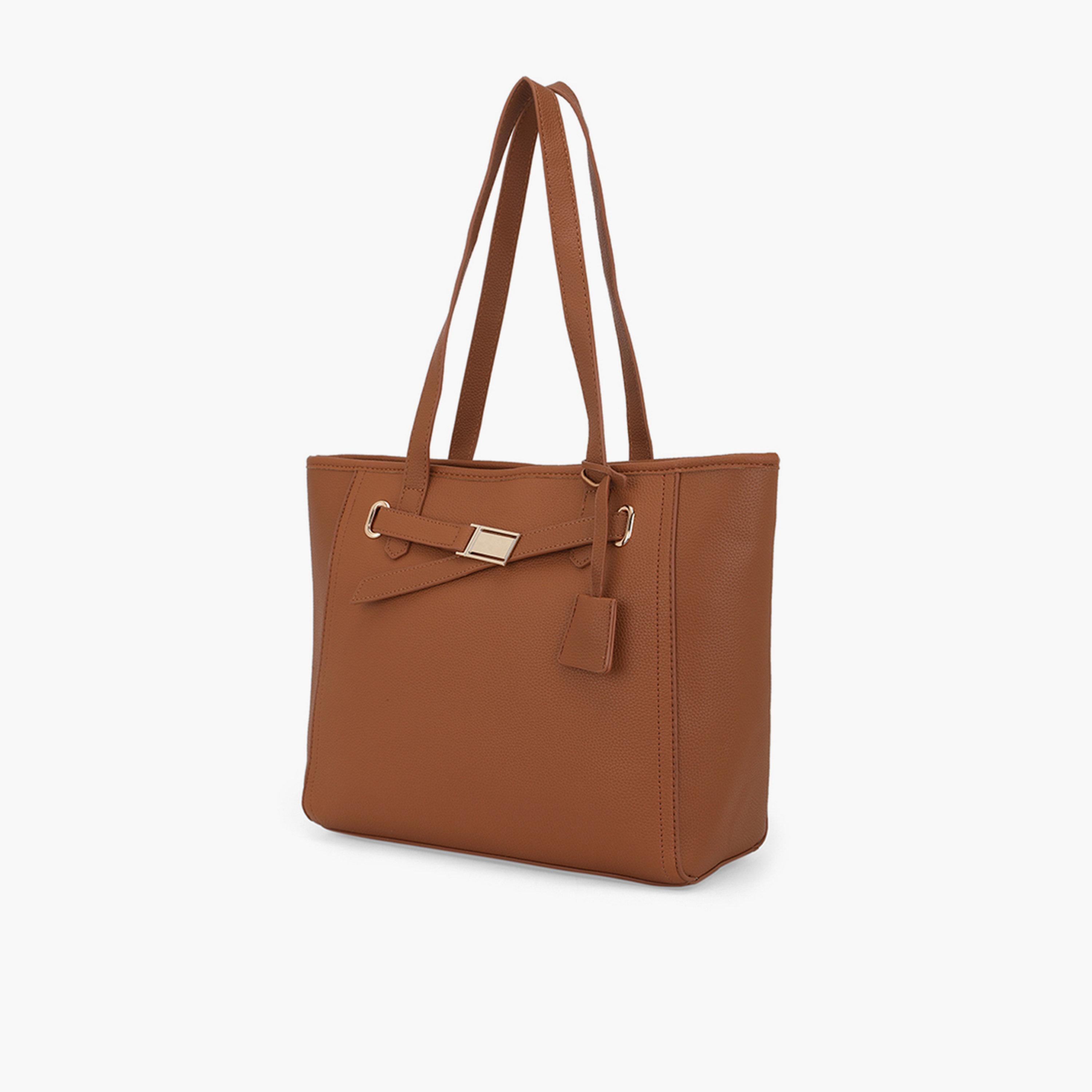 Globus X Styli Tan Textured Buckle Detail Tote Bag-women-bagsandwallets-handbags-image-2