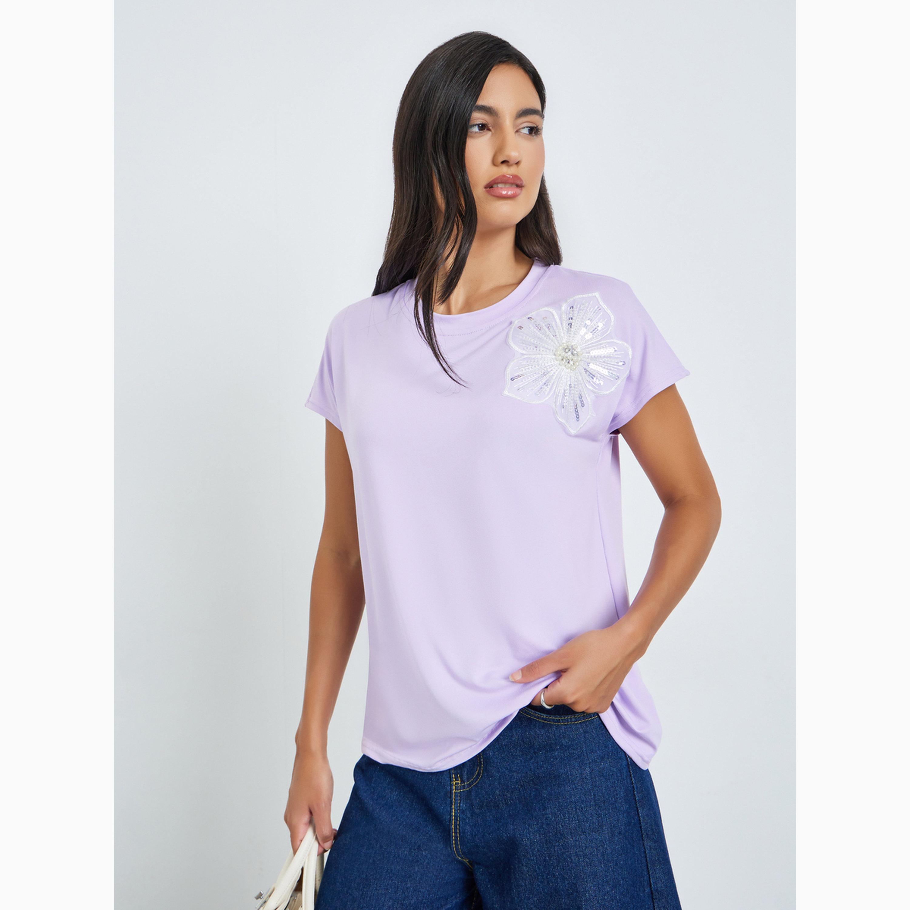 Styli Purple Sequin Flower Round Neck T-Shirt-women-clothing-tshirts-image-1
