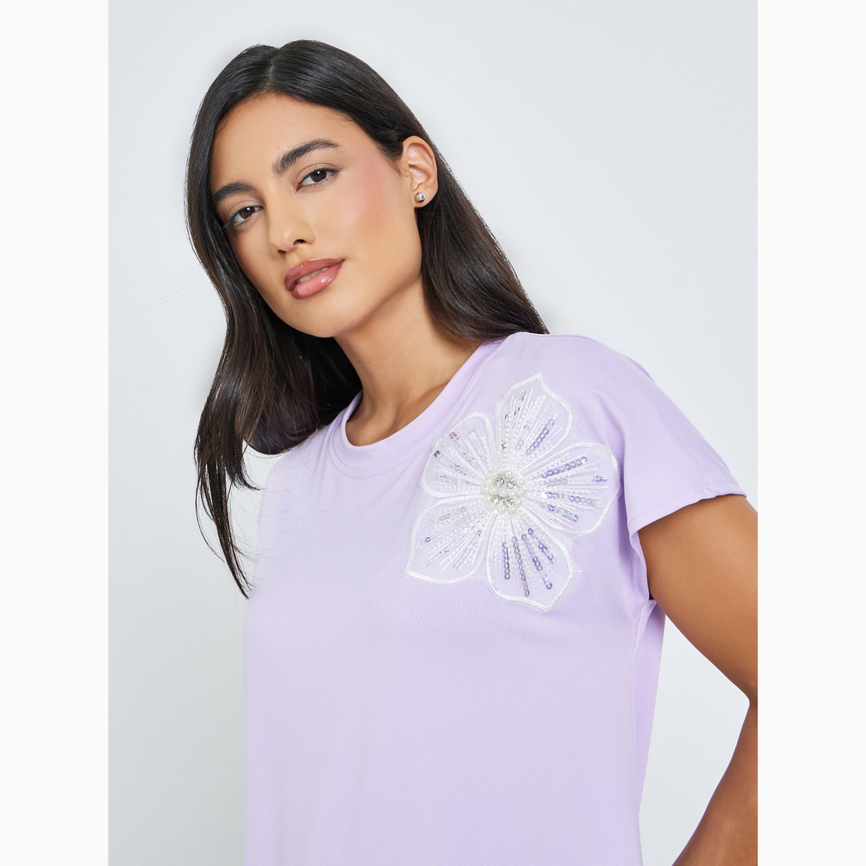 Styli Purple Sequin Flower Round Neck T-Shirt-women-clothing-tshirts-image-3