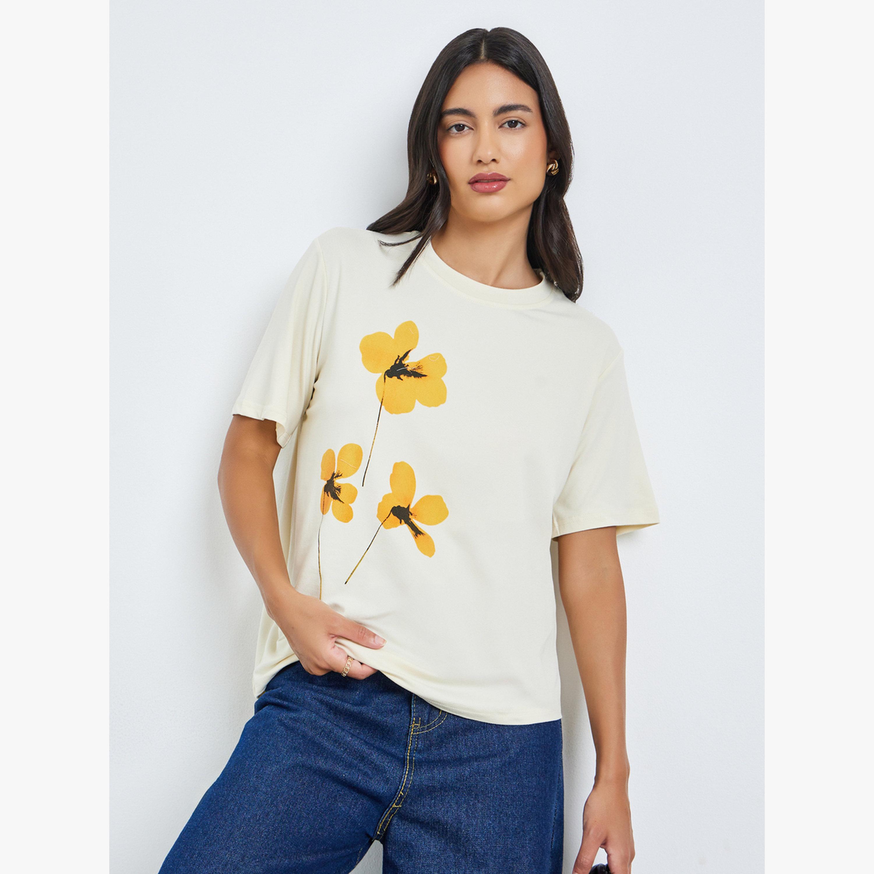 Styli Beige Floral Graphic Print T-Shirt-women-clothing-tshirts-image-1