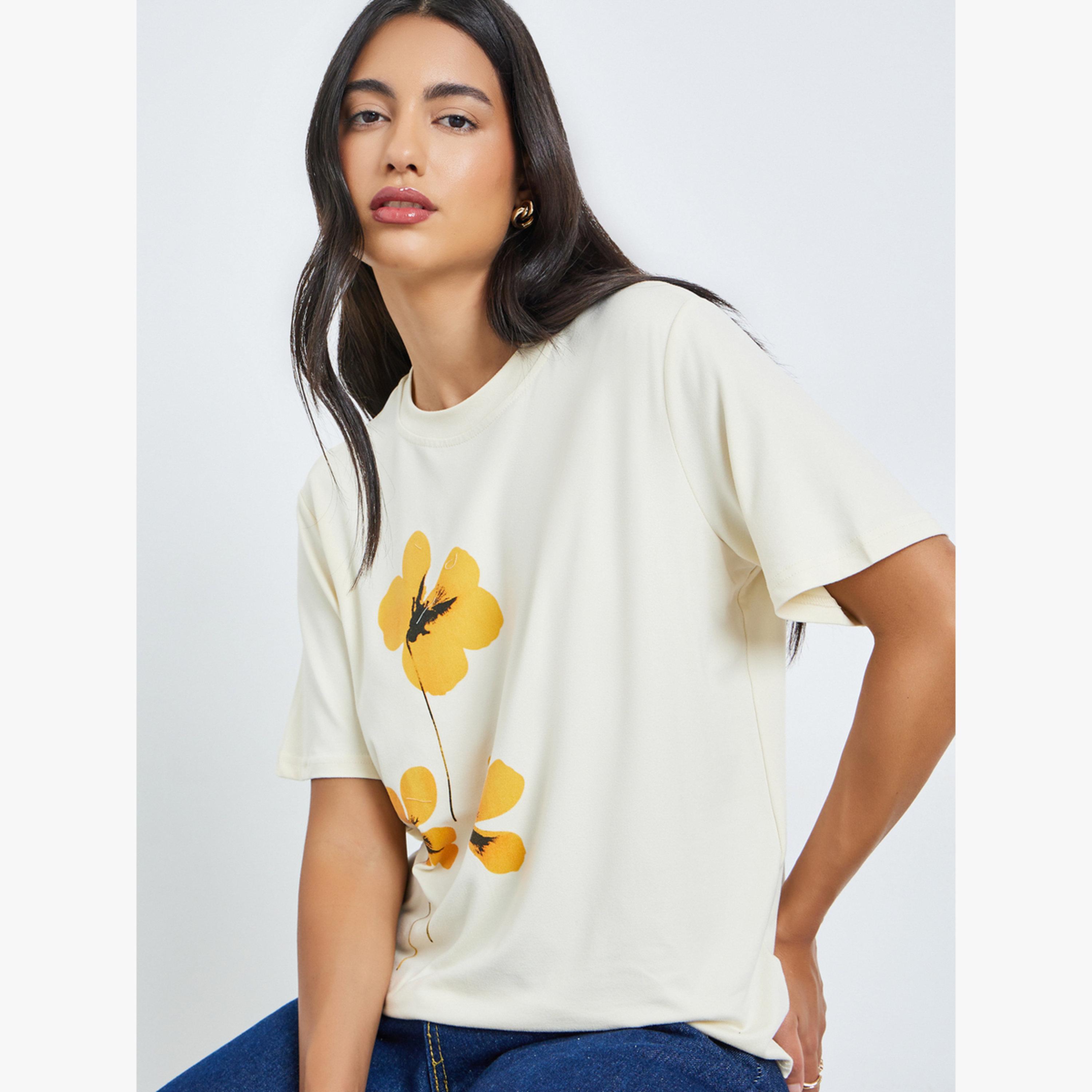 Styli Beige Floral Graphic Print T-Shirt-women-clothing-tshirts-image-3