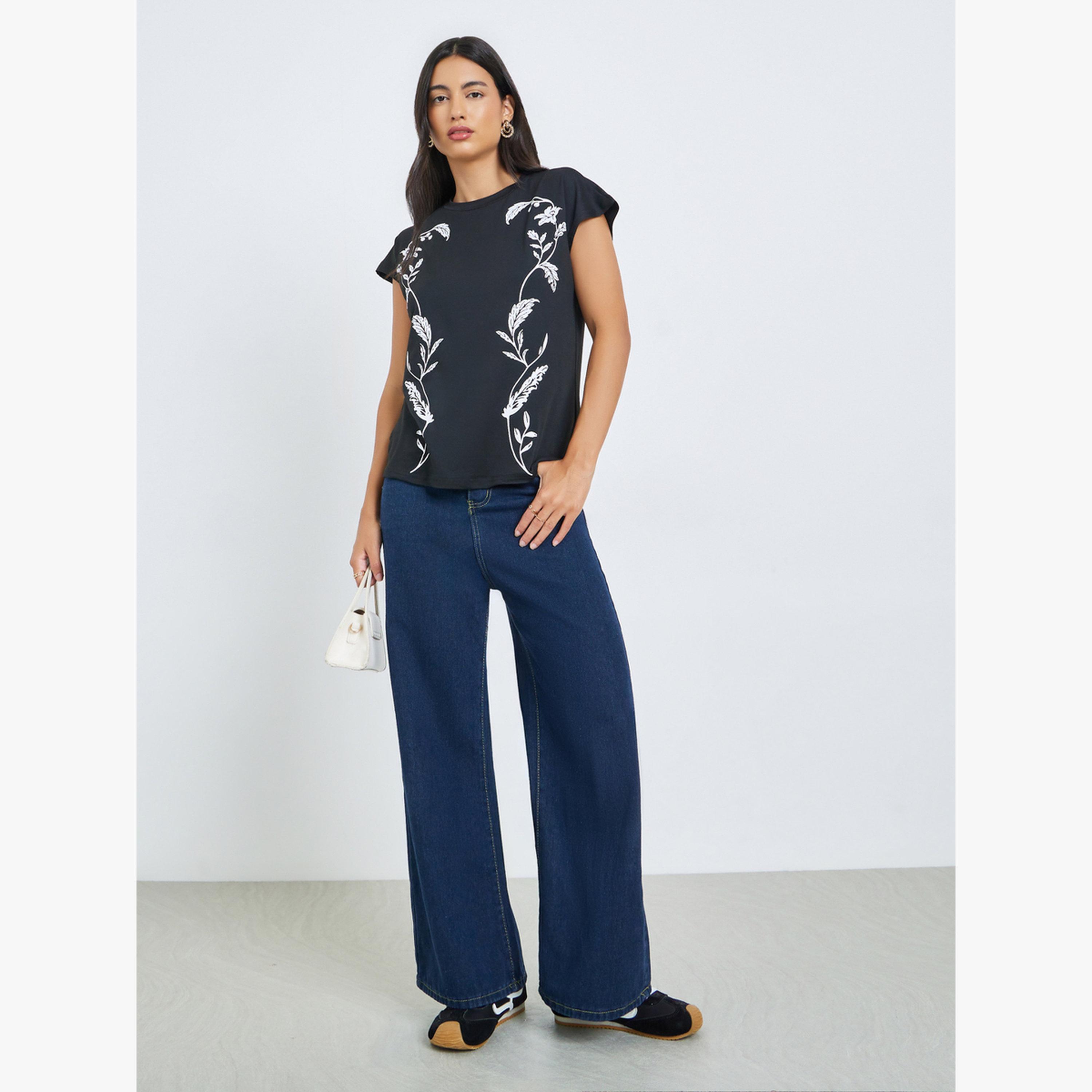Styli Black Floral Print Short Extended Sleeve T-Shirt-women-clothing-tshirts-image-2