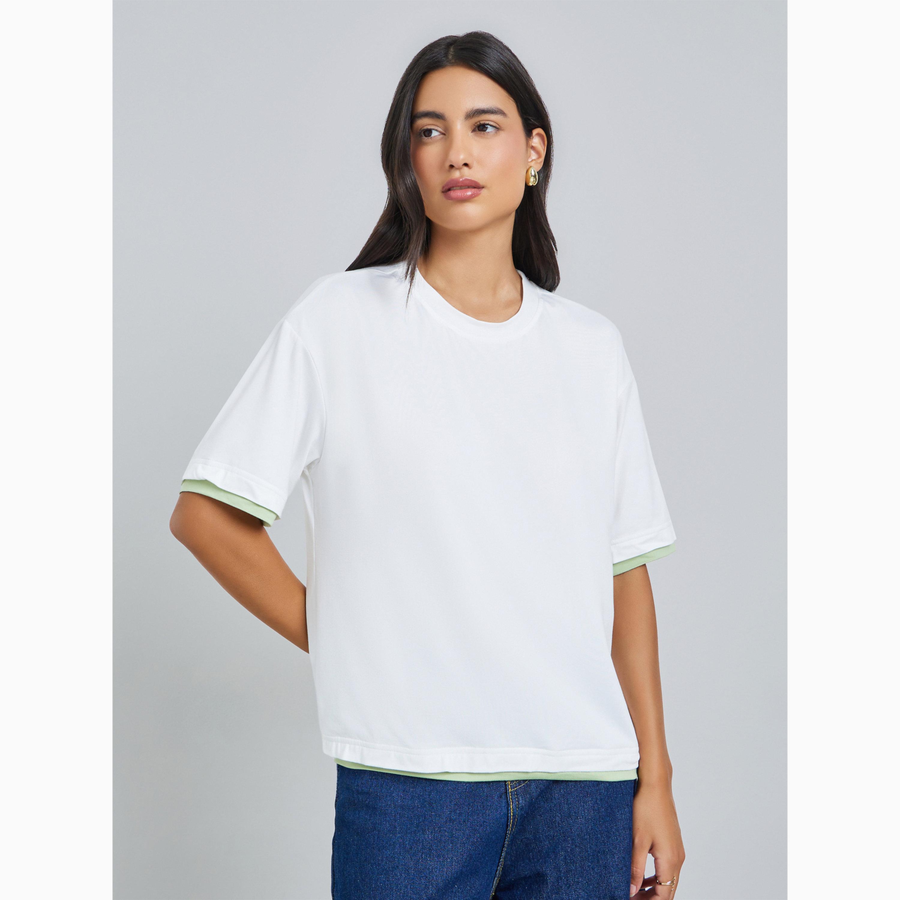Styli White Solid Contrast Trim Oversized T-Shirt-women-clothing-tshirts-image-1