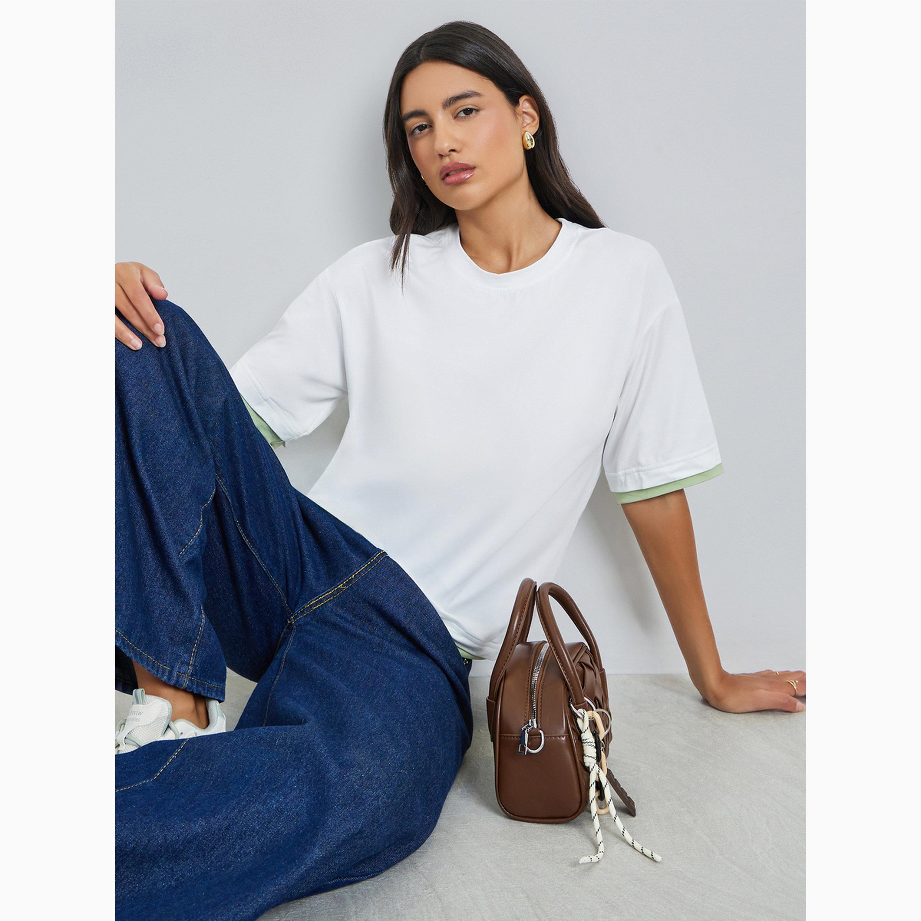 Styli White Solid Contrast Trim Oversized T-Shirt-women-clothing-tshirts-image-3