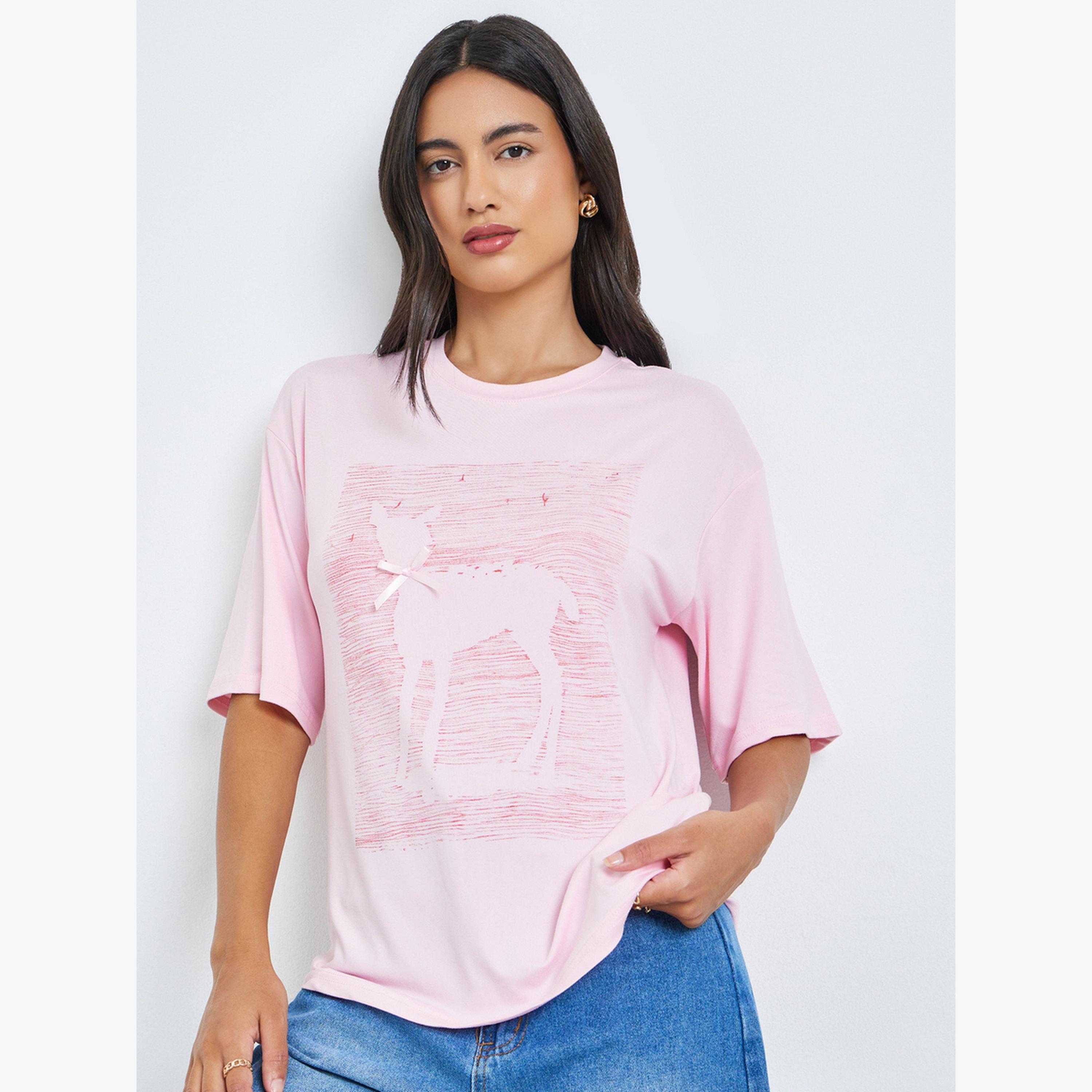 Styli Pink Graphic Print Short Sleeve Oversized T-Shirt-women-clothing-tshirts-image-1