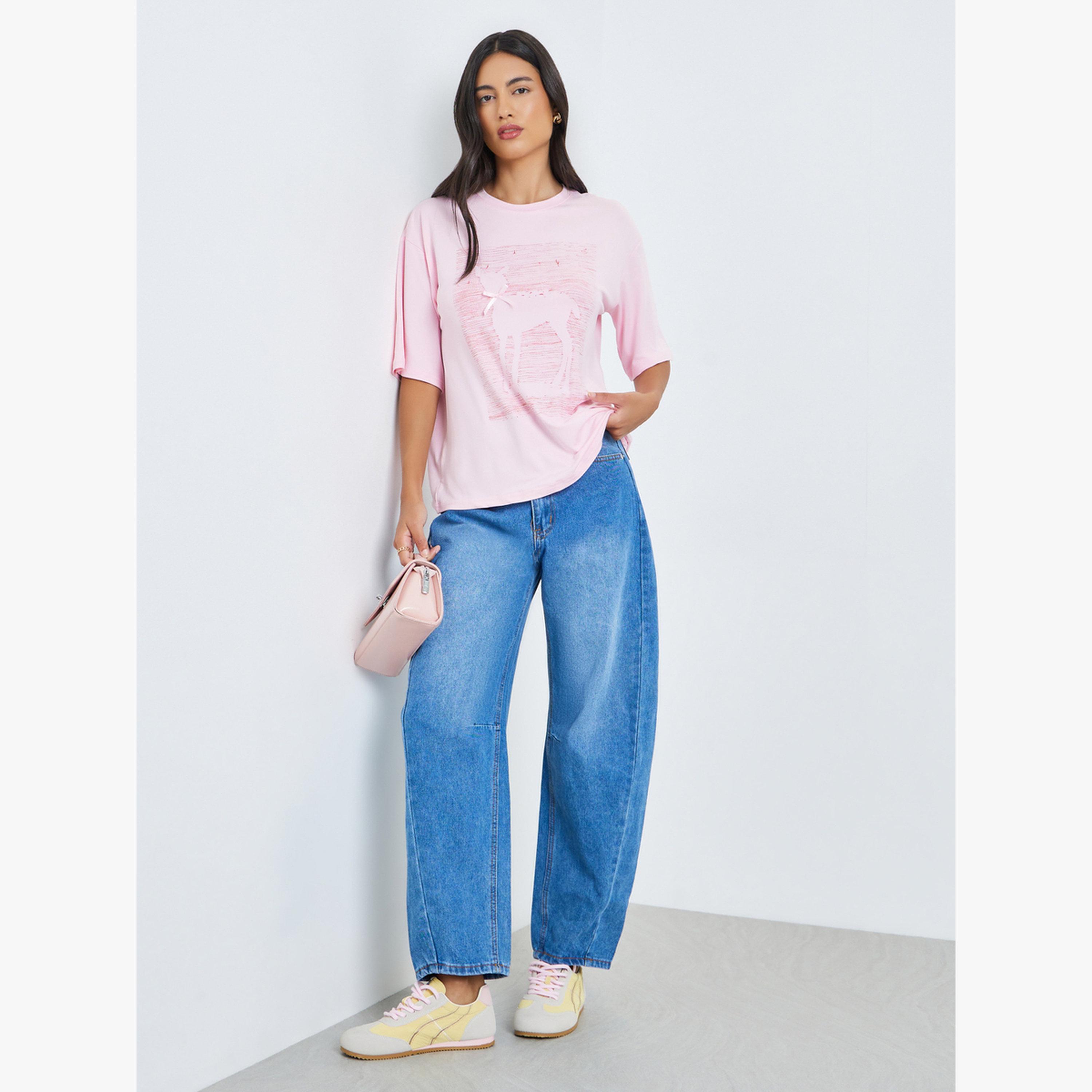 Styli Pink Graphic Print Short Sleeve Oversized T-Shirt-women-clothing-tshirts-image-2
