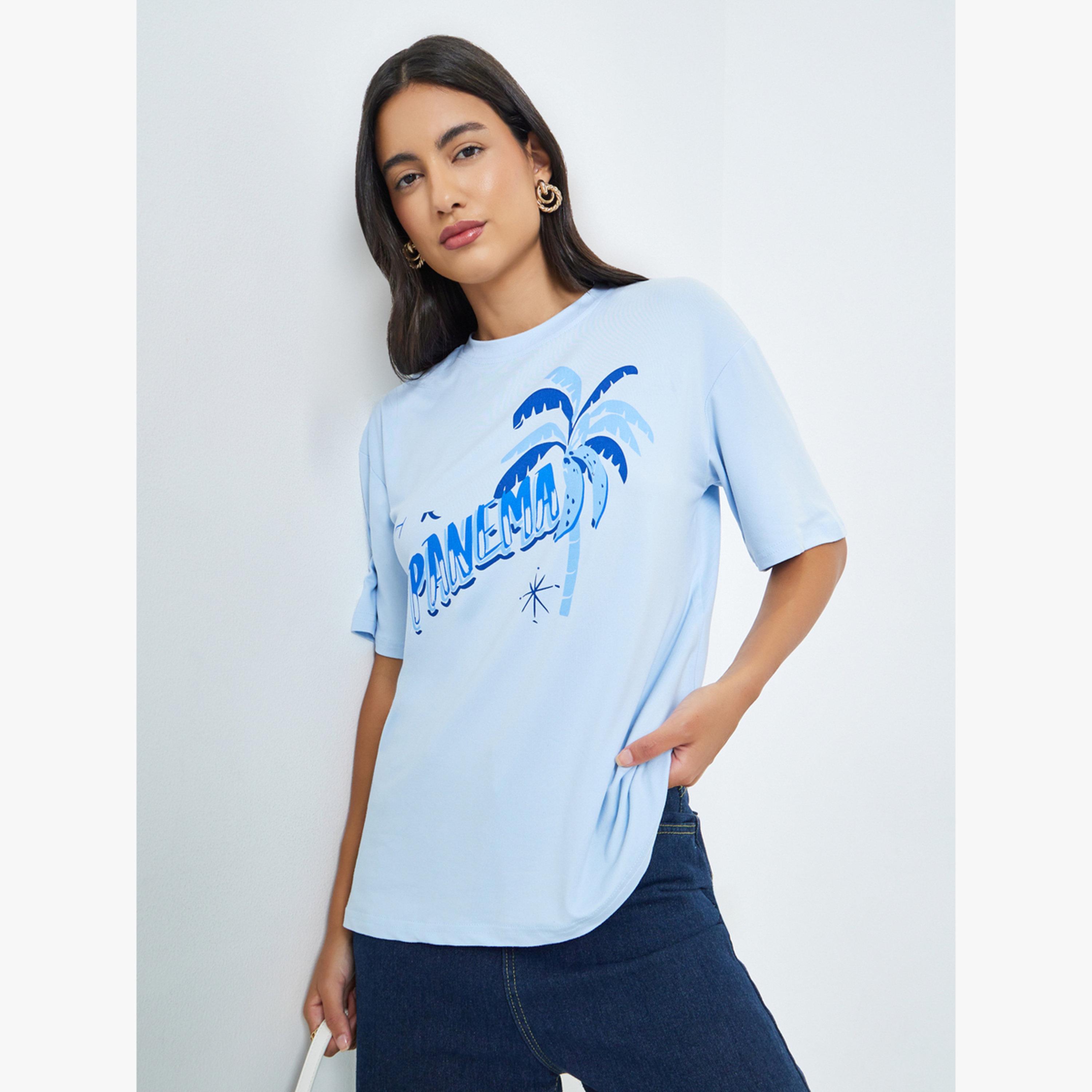 Styli Blue Graphic Print Oversized T-Shirt-women-clothing-tshirts-image-1