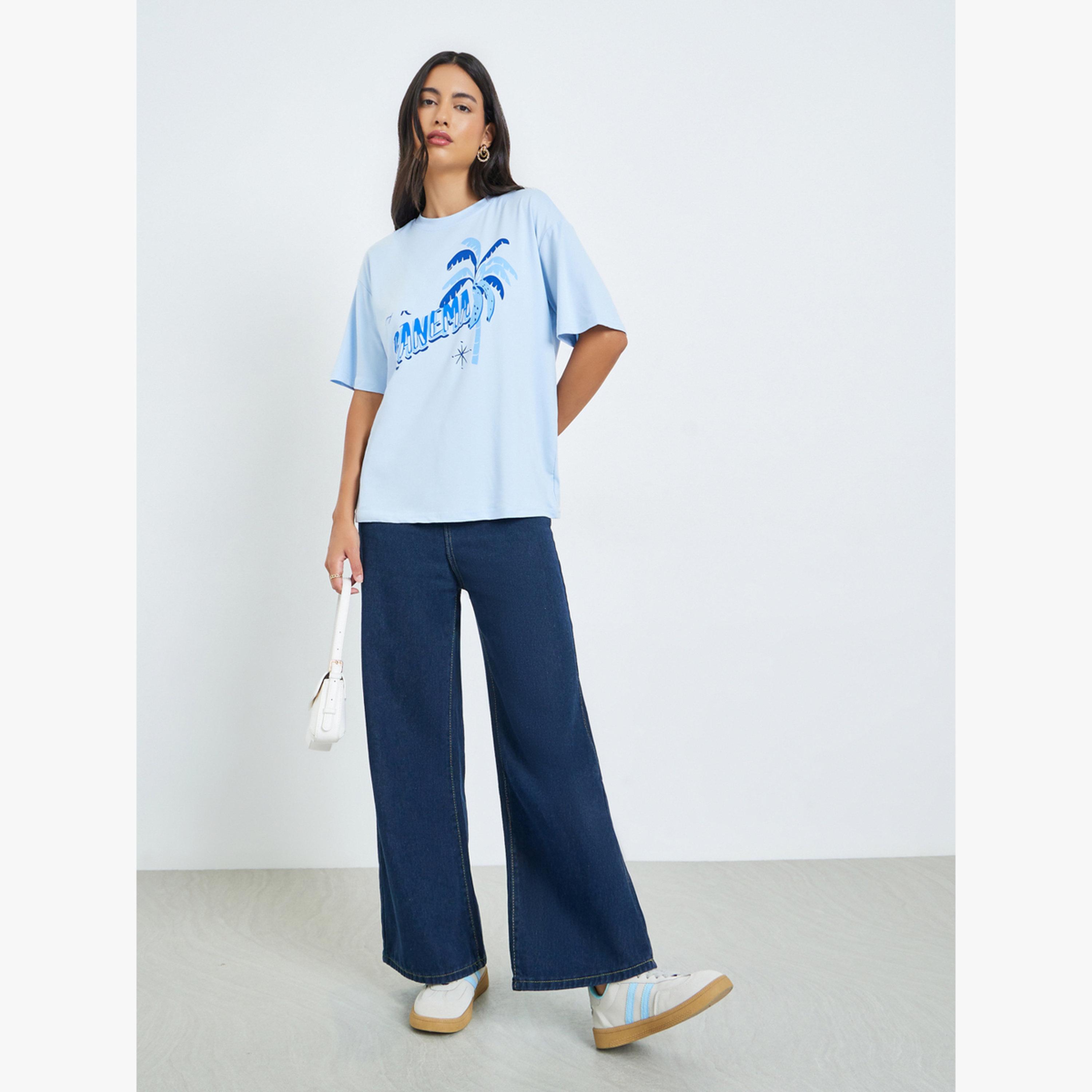 Styli Blue Graphic Print Oversized T-Shirt-women-clothing-tshirts-image-2