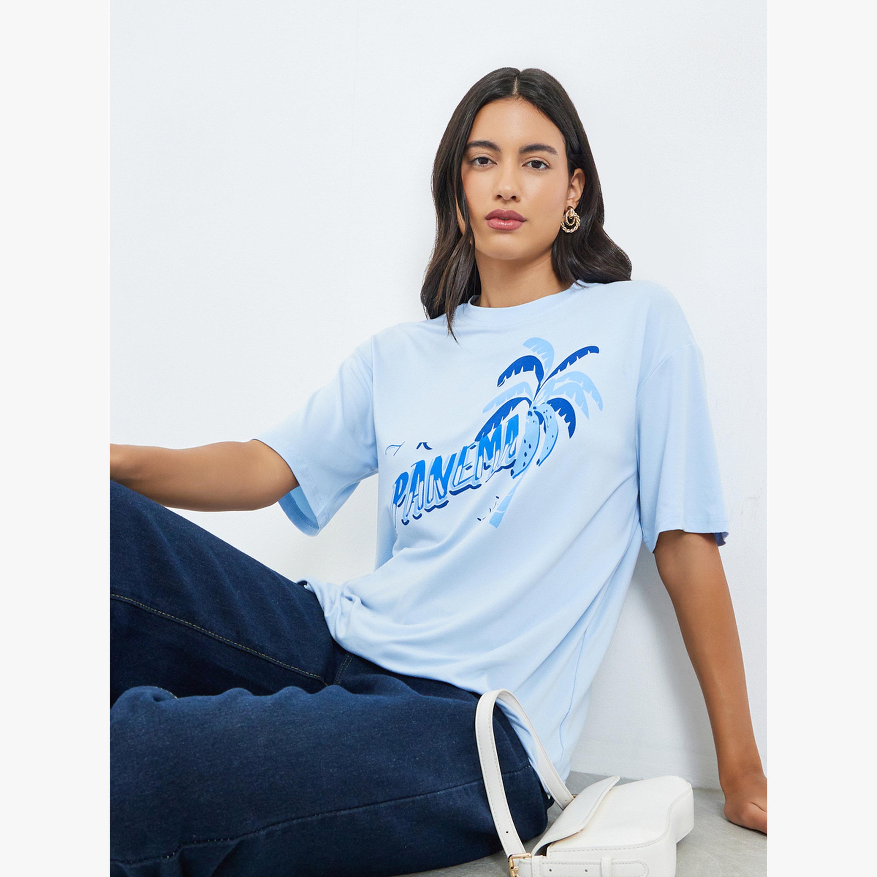 Styli Blue Graphic Print Oversized T-Shirt-women-clothing-tshirts-image-3